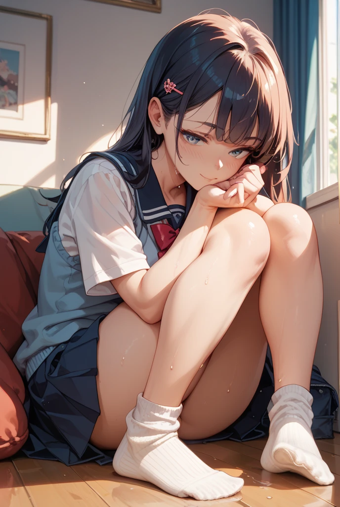 A sweaty busty high school student crying and panicking after being ejaculated into、Covered in semen、Leg spread
