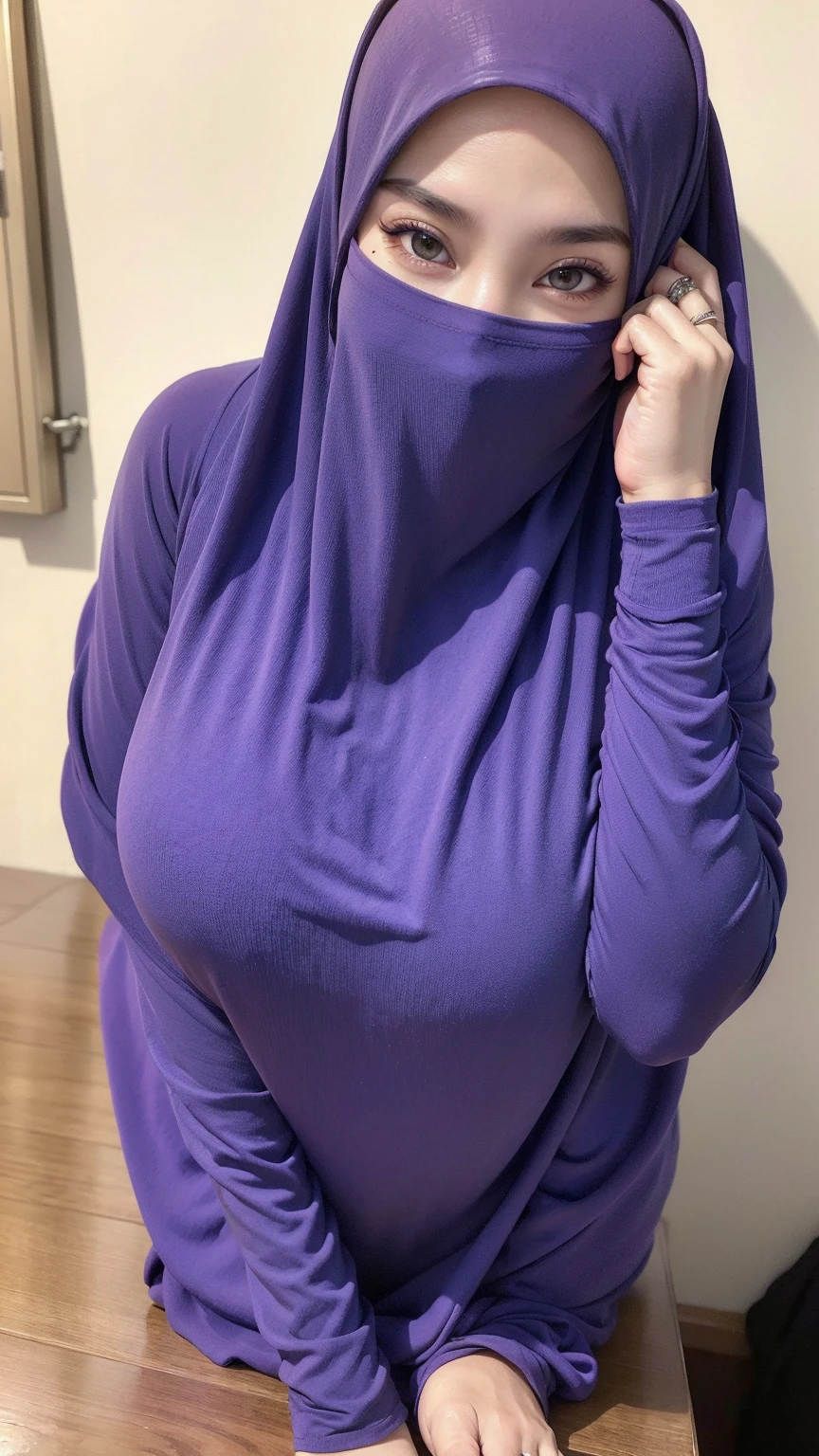 A beautiful Asian girl in a long hijab with tight and clearly visible breasts, In tight dark clothes, was raising both hands , and good quality images