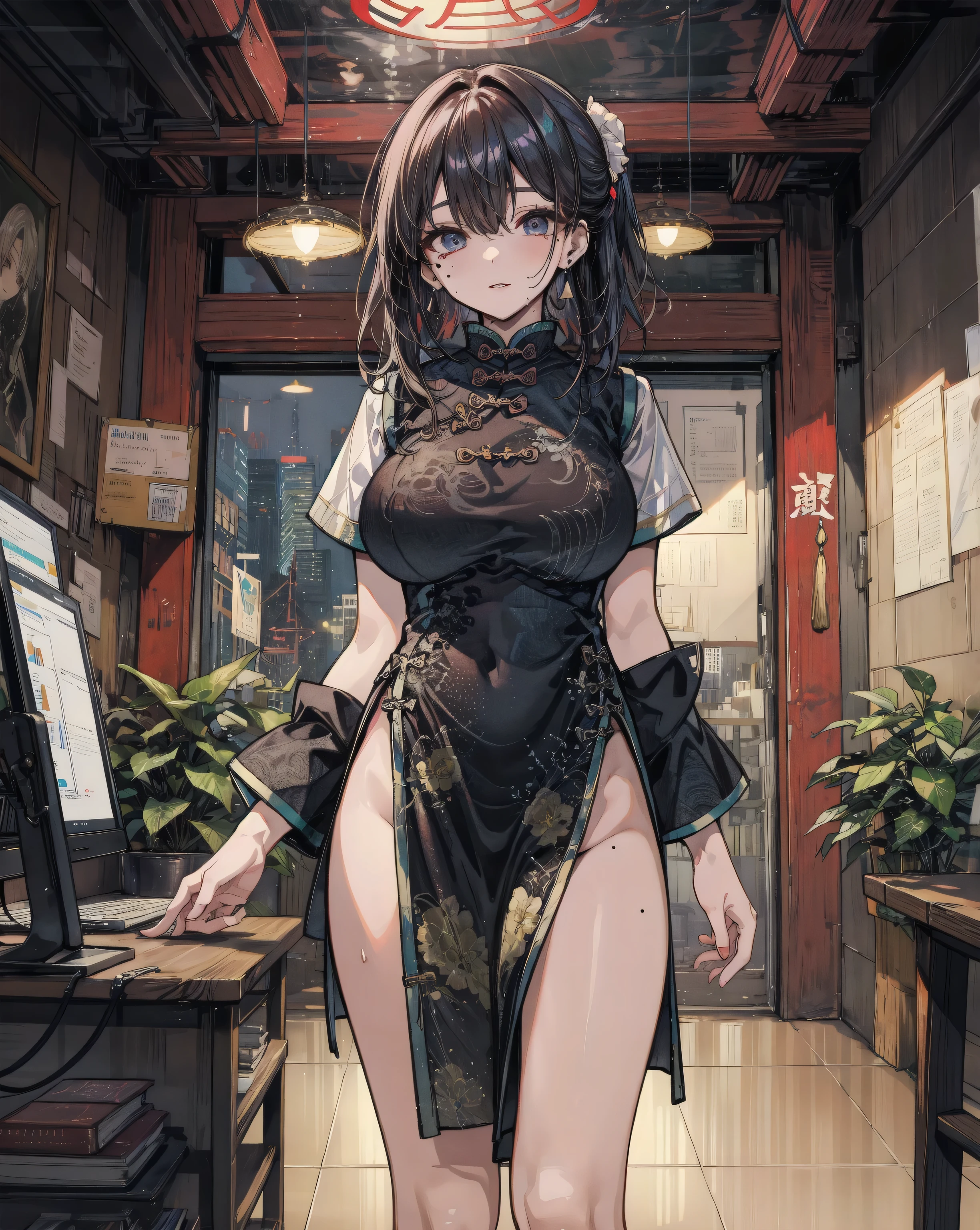 gigantic cleavage breasts，Solo，Gorgeous Hanfu，Green Hanfu，Hanfu，Female Taoist，Chinese medicine，Black hair，Golden pupils，Black leather boots，Sit in a waiting chair at the bus stop，Wait for the bus，Heavy rainy days，Serious expressions