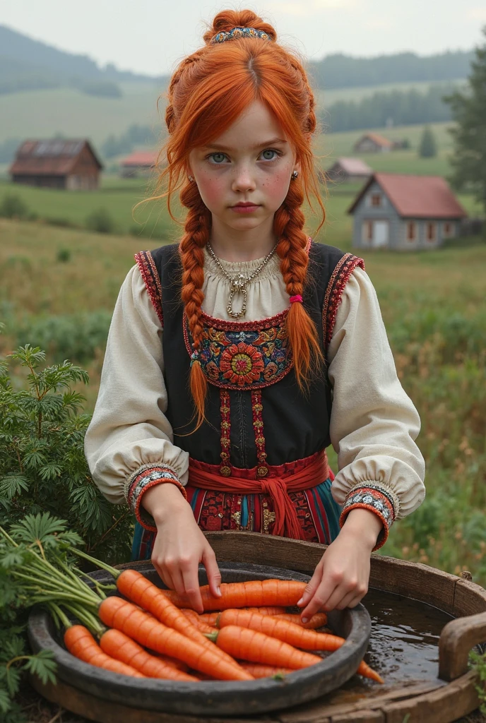 Russian style, children girl, portrait, long red hair, farmer style, with hay and wheat rolls and horse.