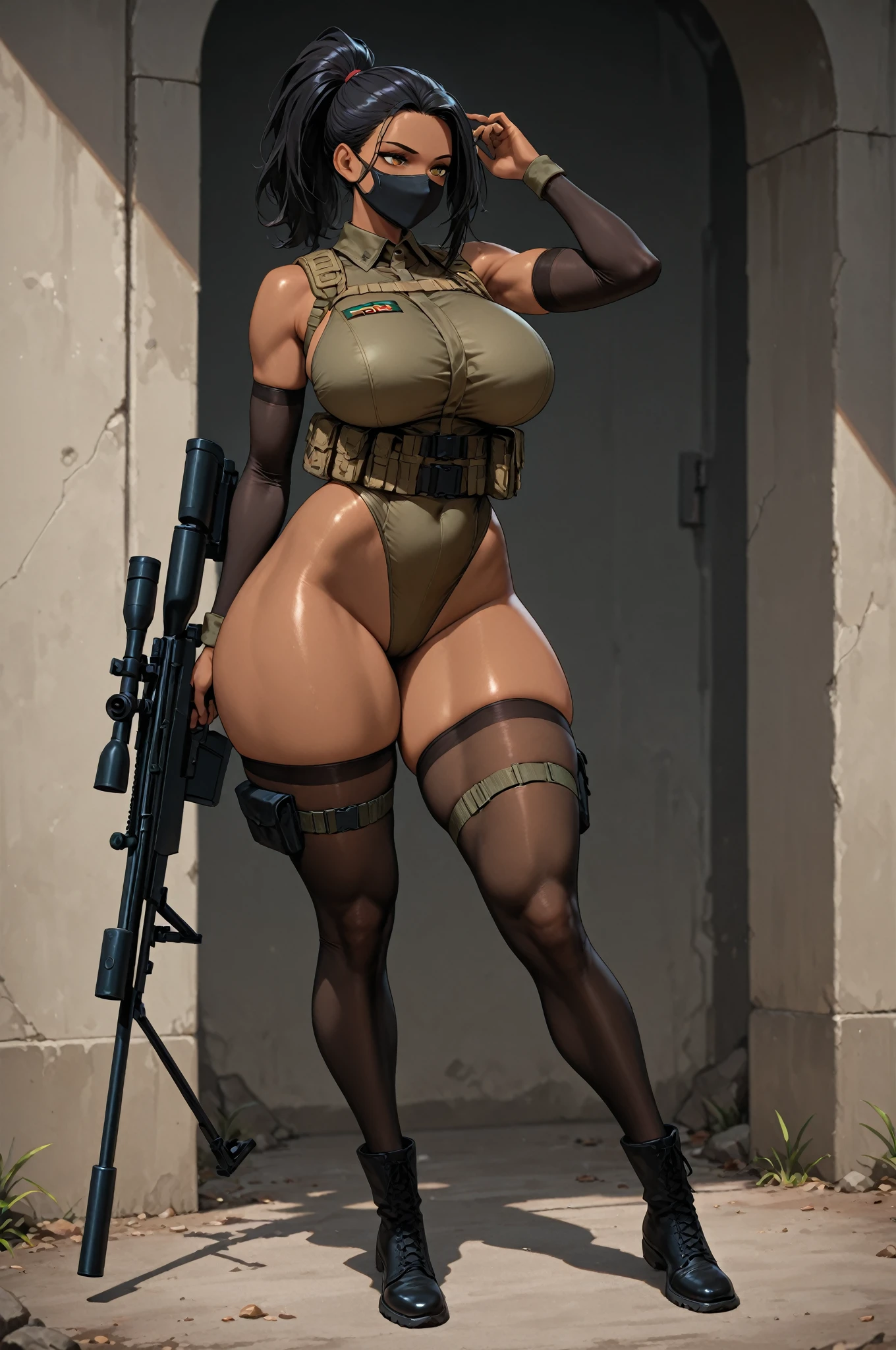 dark-skinned girl, big breasts, big ass, red eyes, tanlines, tomboy, string bikini, mouth mask, sweating, in a dimly lit room, bob cut, black gloves, white sneakers, full body, sunny weather, from front, beautifully drawn eyes, perfect face, perfect body, muscular, naval, abs, beautiful girl, disgruntled, choker, sexy pose, stockings ((nsfw)) ((nipples)) ((pussy))