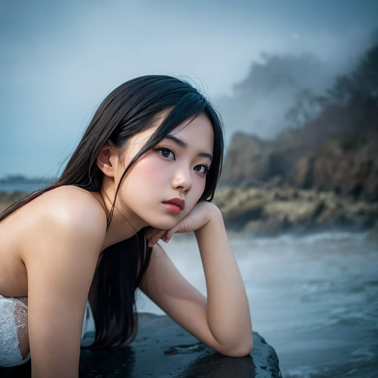 girl on a bamboo raft, stranded in the middle of the sea, full body, detailed facial features, beautiful detailed eyes, beautiful detailed lips, extremely detailed face and skin, long eyelashes, detailed clothing, waves crashing around the raft, overcast sky, dramatic lighting, moody atmosphere, photorealistic, 8k, best quality, masterpiece, highly detailed, dramatic, cinematic