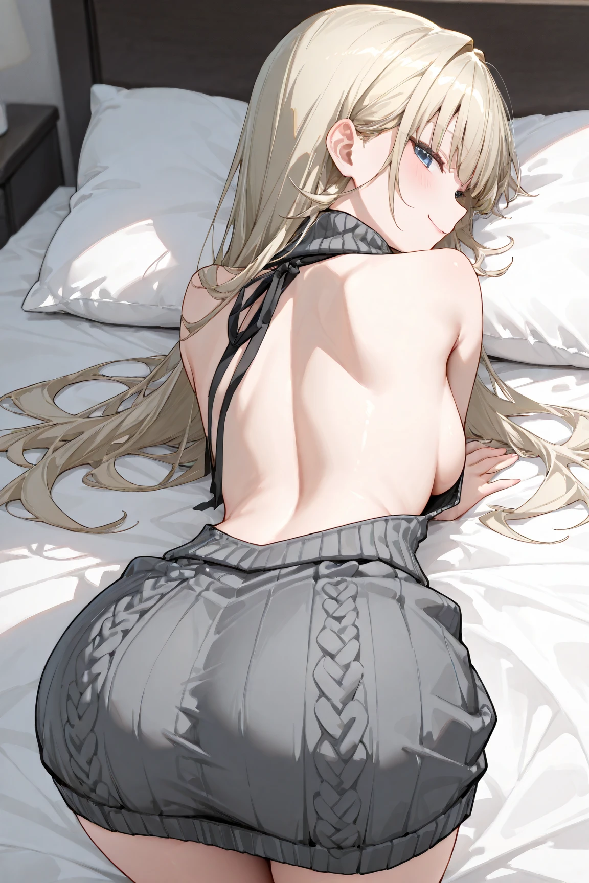 debris flies, highest quality, Highly detailed CG Unity 8K wallpaper, sexy witch , long dark blonde wavy hair、off shoulder knit, dark blue pleated skirt, stockings、medium breasts, saggy breasts, Pose that emphasizes the chest, blush, shy smile, bare shoulders, (pink lace panties、open your legs wide、please open your knees)、、gorgeous magic book、church bed、lying in bed、stick out your butt、I can see all your butts、Red and black bra