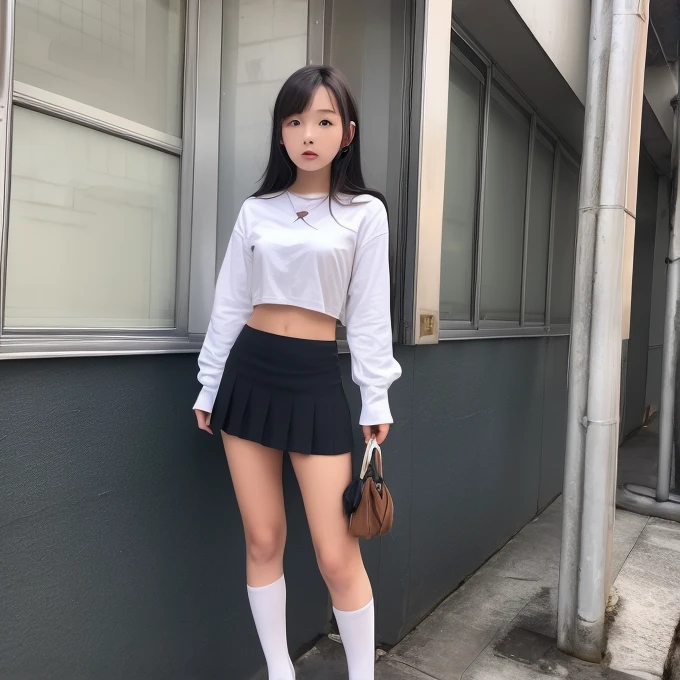 two girls standing in the park,Plain white school gym shirt with navy blue trim,Navy blue speed briefs,Red headband,White headband,18-year-old,bangs,The mouth is half open,Thighs,knees,Straight hair with barrette,From below,Front light, White panties visible through the skirt、((Lift the hem of the skirt with both hands to reveal the panties))、The simple cuteness of a celebrity-like face