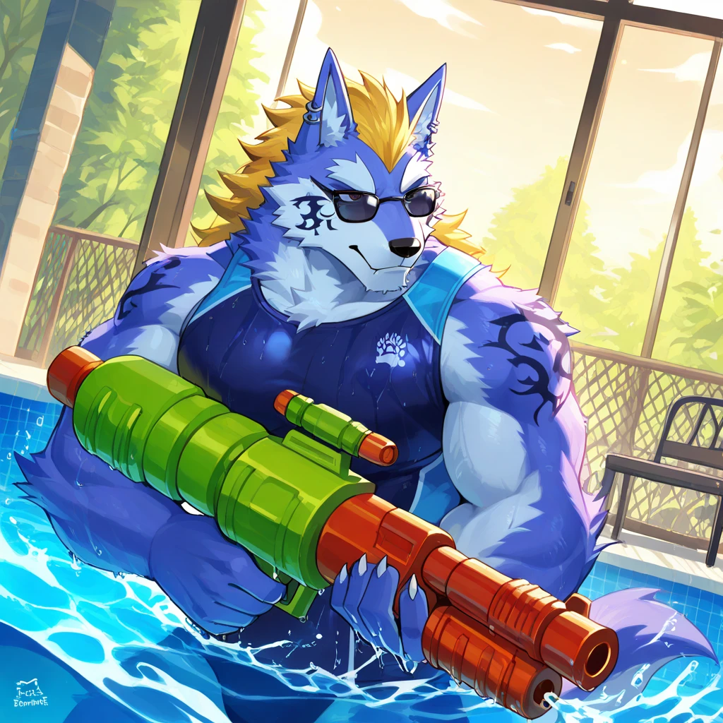 (Furry wolf)​, orange fur, (summer jacket outfit)​, cool ,cute, orange eyes,happy, smlie, ((correct Anatomy)), correct hand, ((water summer background)), enjoy,((full body)), male​, view between water and surface,muscle,men,look at viewer,abs,cool eyes, cool body pose, noon lighting, ((full face turn at viewer)), on water, on Rubber hoop,blue sky, fish ,coral,(((beach))), hand up, playing, water gun in hand, shooting