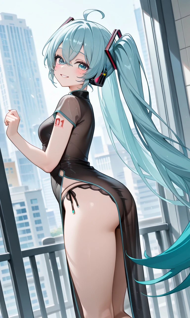 miku hatsune、top-quality、one girls、Cute Dresses、Standing、(Black sexy underwear figure)、、Your butt is facing us、Looking at the back of the screen