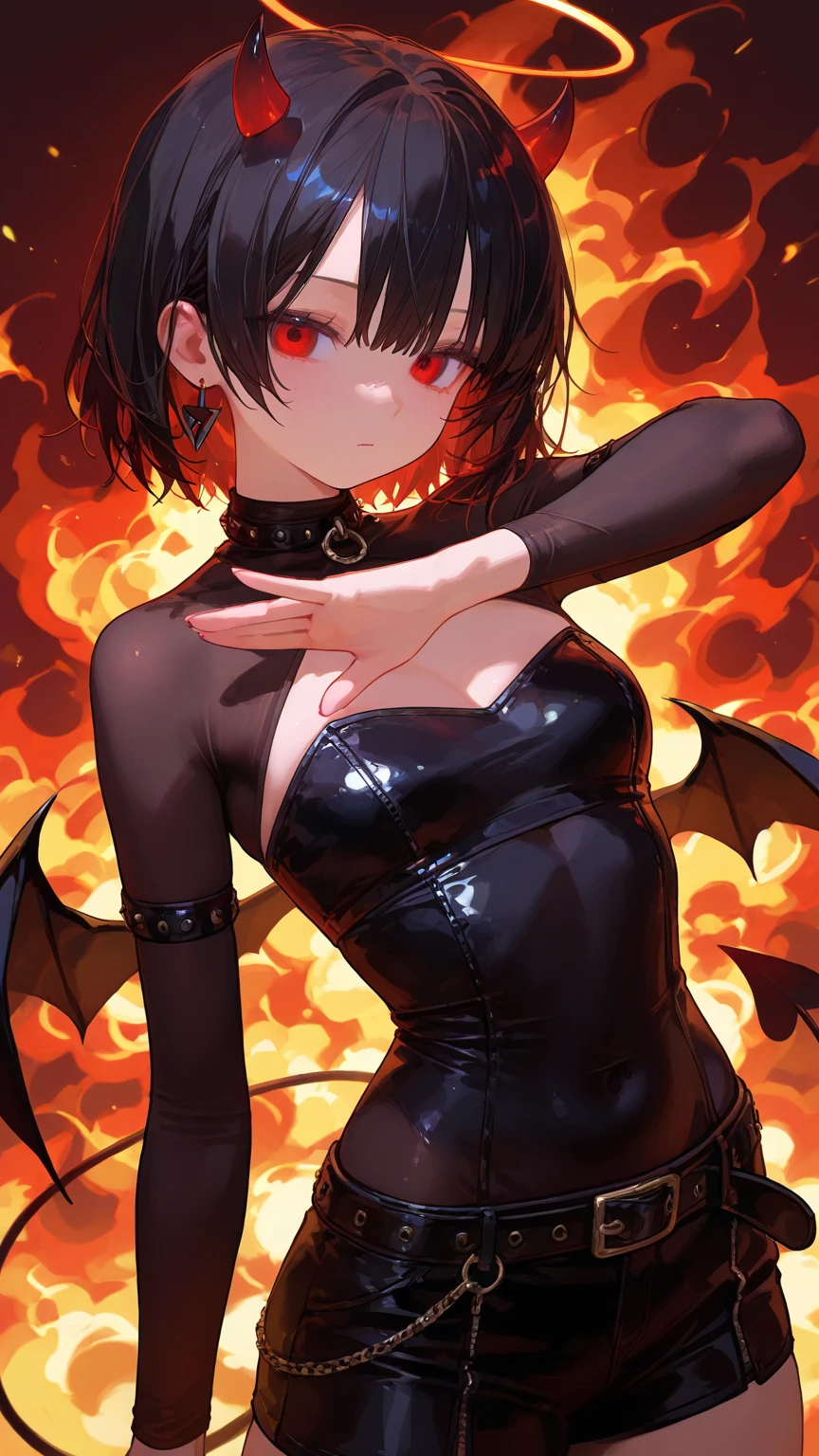 fall angel, A super-powerful demon with demon wings,devil&#39;s tail,Black Bigini, purple lightning engulfed in flames.、darkness, In the clouds of darkness、cleavage、short bob hair