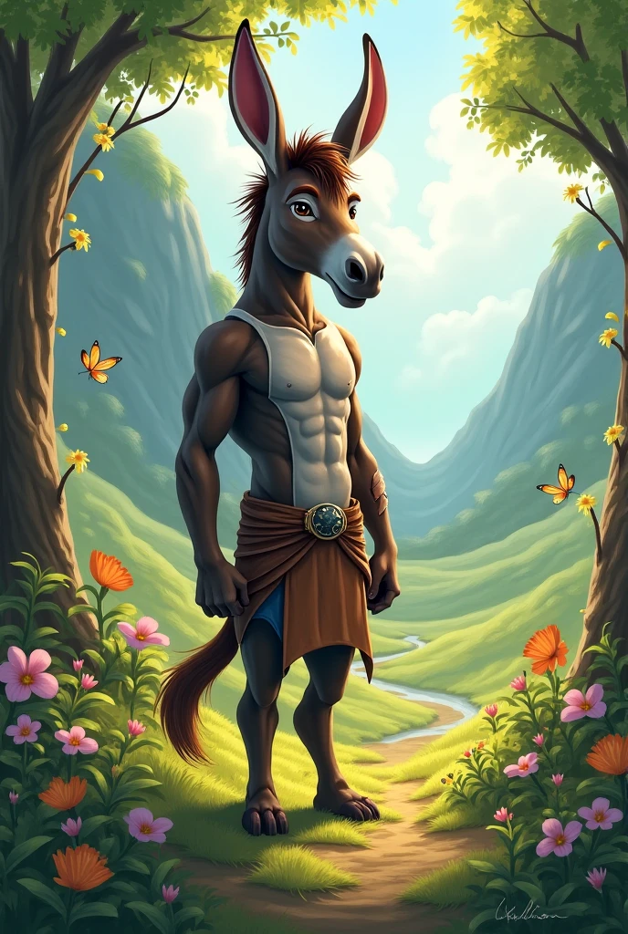 Hylos (Mobile Legends character) turned into a centaur, flowery and colorful landscape with many pink tones
