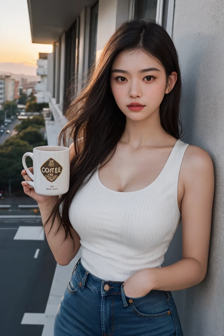 ((best quality, 8k, masterpiece :1.3)), (sharp focus :1.2, Beautiful woman with perfect body :1.4, slim abs :1.2), ((big bust, emphasize division:1.3)), (Photorealistic:1.4), (realistic:1.4), (long straight hair, light brown hair:1.5), Highly detailed face and skin texture, fine particles, double eyelid. makeup face, a little lipstick, Sex appeal, sexy etching pose, ((White lace camisole and denim miniskirt、Cafeteria in the background、She poses with her camisole down, exposing her shoulders, and holding a coffee cup......。:1.3)