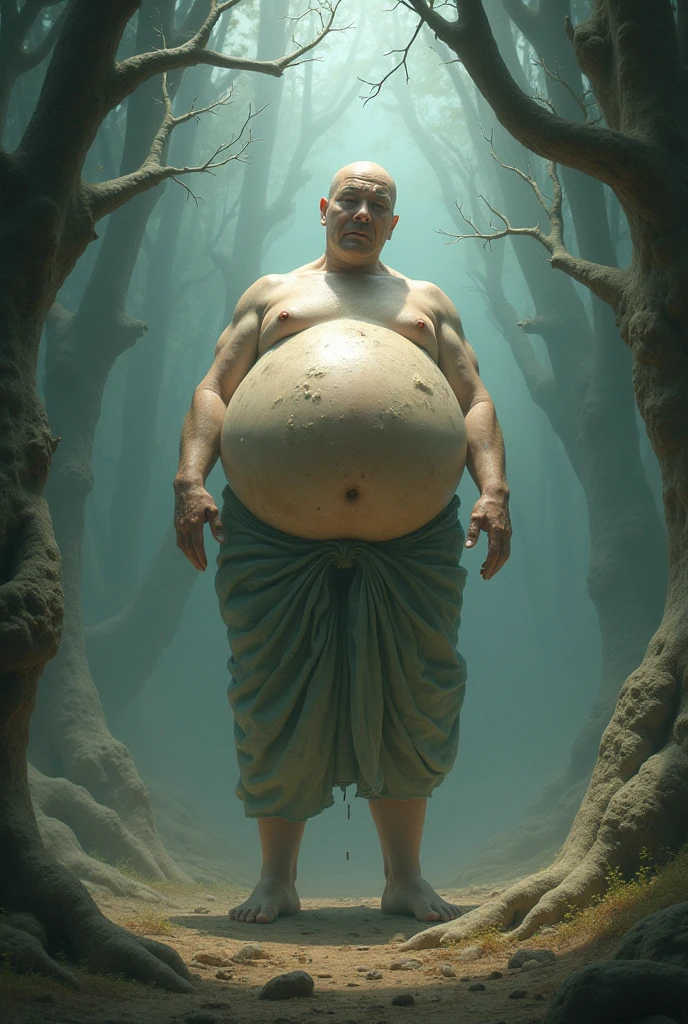 A white man, fatter, with an orange light coming out of his chest, surrounded by dark clouds, with a gray skull flying near his head, and a root with two long branches and a small one coming out of its head