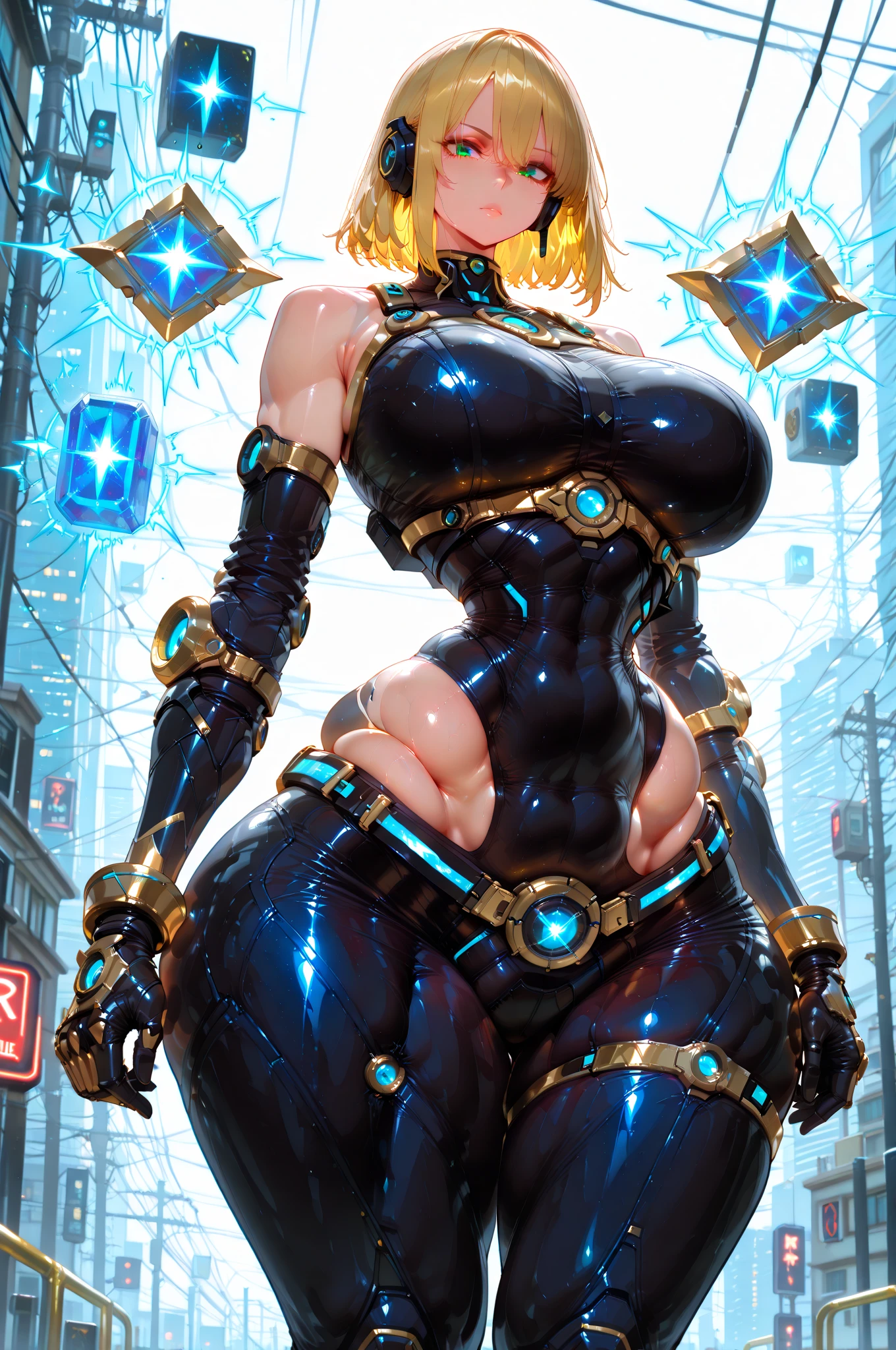 (((masterpiece))), (((best quality))), ((ultra-detailed)), (illustration), ((an extremely delicate and beautiful)), ((super detail)), ((high resolution)), (((20 years old))), metallic cloth, (cheerleader), (android), delicate metal decorations, gleaming skin, shiny body, two legs, breast focus, (((tall))), slender legs, ((big round eyes)), cute eyes, drooping eyes, ((adult)), two hands, five fingers, no extra hands, elegant smile, braid, ((metallic blue)), (see-through), (dark blonde), (ultra-huge breasts), (shining brightly), outdoor, mini skirt, city, daytime, ((biopunk)), (hair shorter than shoulder), ((gynoid)),