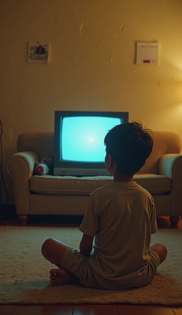  in a house in 2005 playing Playstation 2 in the living room on a tube television Image of him from behind looking at the TV, with the screen blank to facilitate video editing. Add a little more detail to the shelf, such as CDs and games on top, also showing the controller in the boy&#39;s hand., There can&#39;t be anything in front of the TV!
