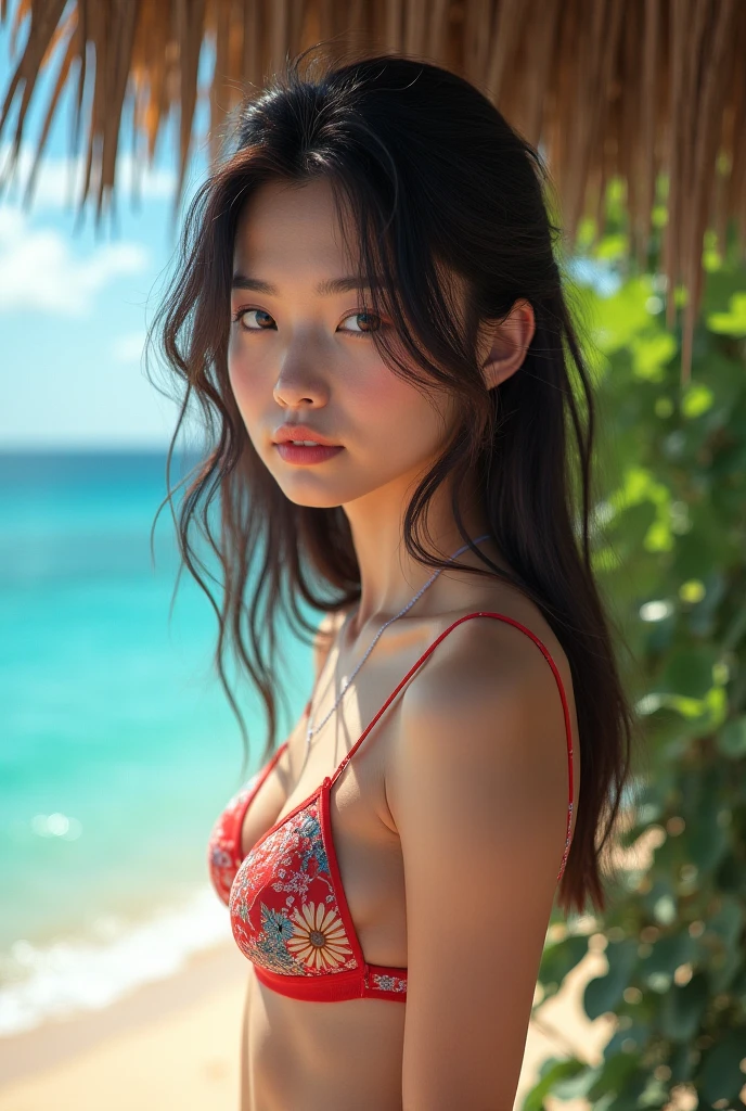yoonyoungbae (sharp focus:1.2), photo, (beautiful face:1.1), detailed eyes, luscious lips, (cat eye makeup:0.85), wearing (bikini:1.2) on a (beach:1.2). (moody lighting:1.2), depth of field, bokeh, 4K, HDR. by (James C. Christensen:1.2|Jeremy Lipking:1.1).