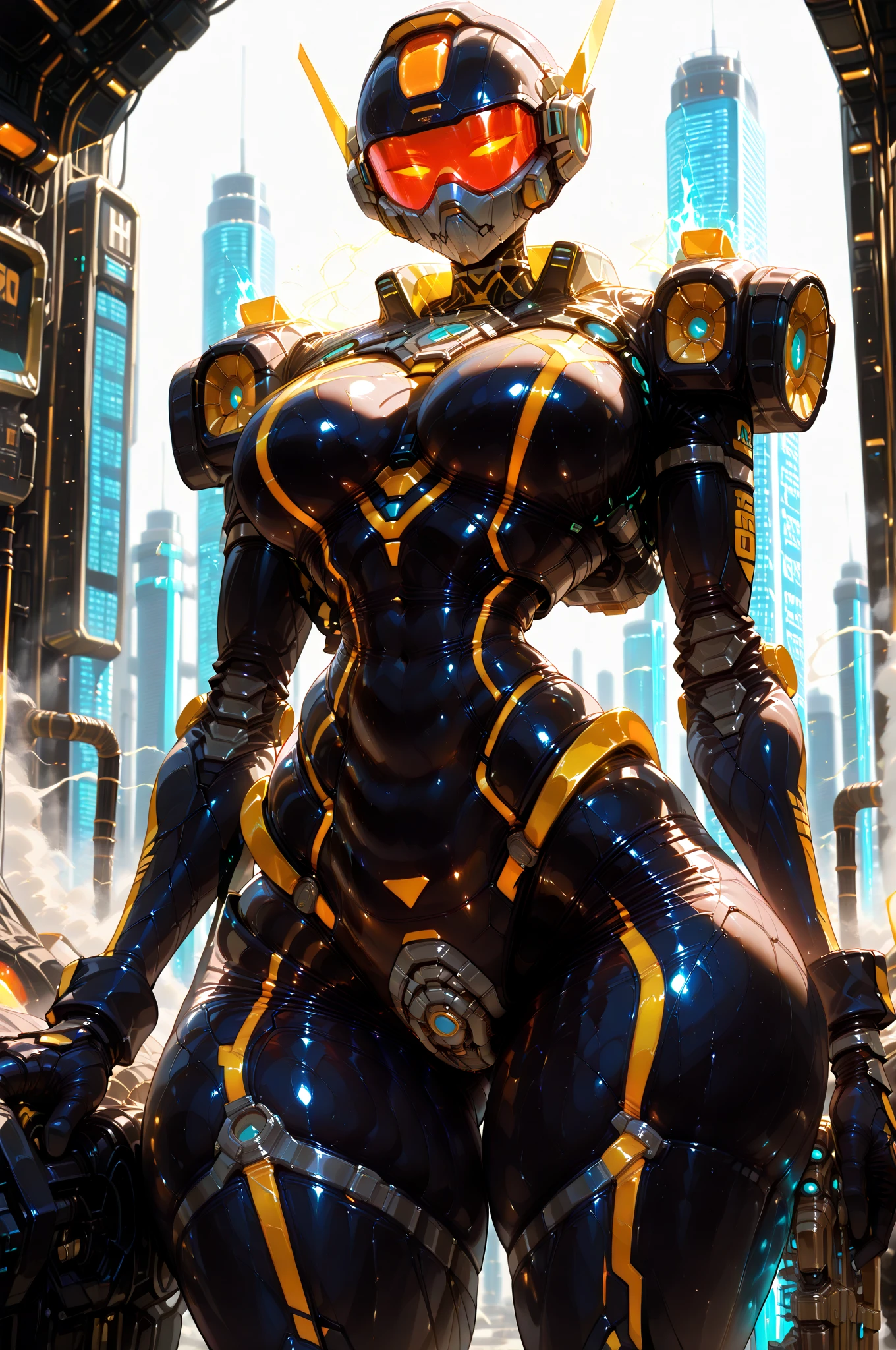 ((full body):1.5) (({1/woman}):1.2). Only {1/woman}: ((Wearing black mecha with golden parts, extremely tight on the body):1.2). Only {1/woman} has ((very short blue hair with braids, green eyes):1.2). Only {1/woman} ((extremely large breasts):1.2) Only {1/woman}: ((doing sensual poses for the standing viewer)). In a futuristic city completely destroyed with fire in the buildings and ((1 dino saurus tyrannosaurus rex mechá white with various mechanical parts):1.2) of only {1/woman}. anime, anime style, 16k, ((high quality, high details):1.5), UHD, masterpiece
