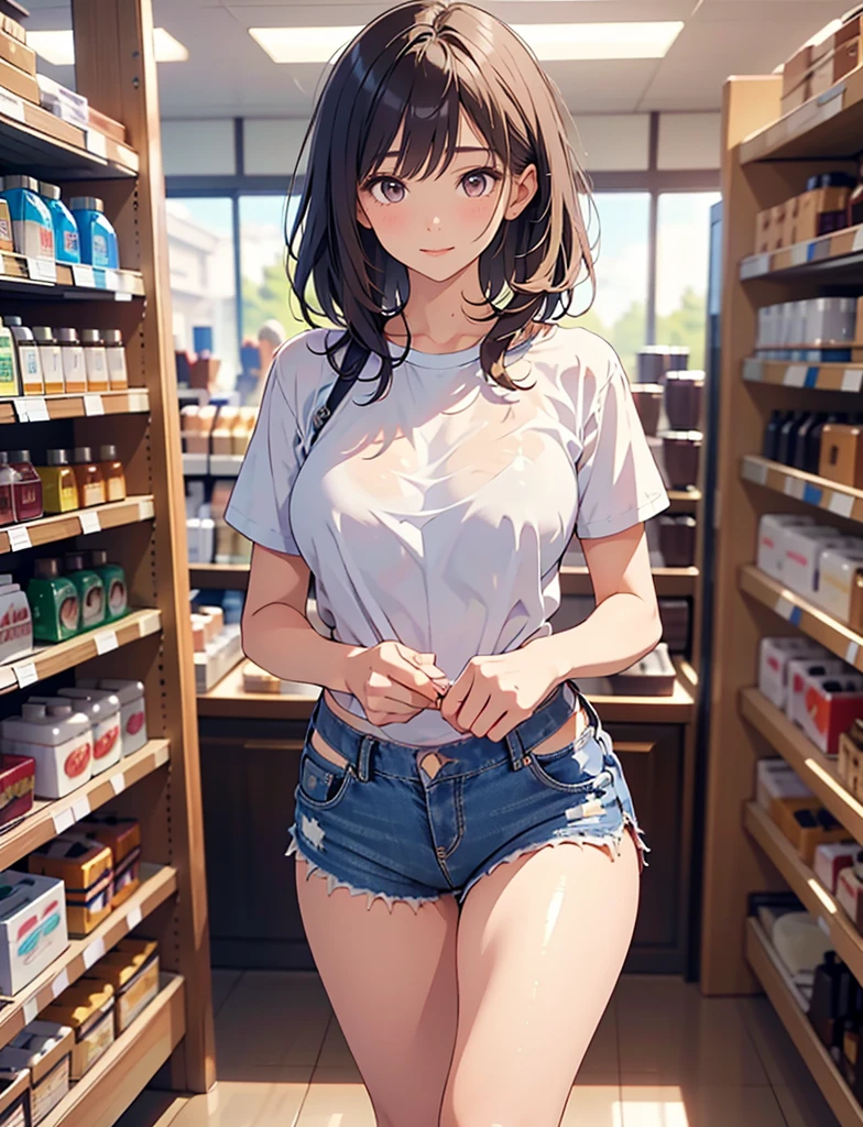 1girl, ((shirt lift)), bag, bangs, standing, black eyes, shiny skin, light smile, masterpiece, best quality, ultra quality, high quality, realistic, photo realistic, RAW photo, hyper detailed, intricate detailed, film grain, department store, multiple girls,