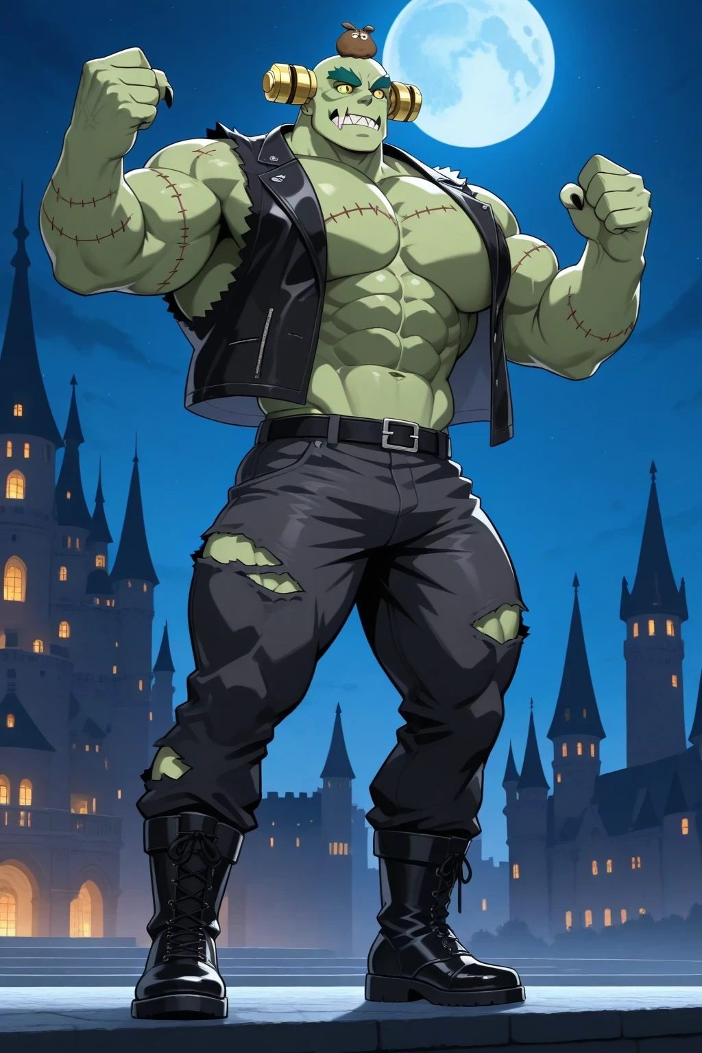 Score_9_up, score_8_up, score_7_up, 1boy, solo, giant bloo frankenstein monster, green skin, hands, long legs, big feets, nuts on the head, stitches on the body, scars, sharp teeths, black ripped vest, ripped pants, muscular body, ginomous biceps, enormous pectorals, detailed abs, sharp claws, metallic black boots, castle interior background, night sky background, cartoon 2d style, bigger cartoon yellow eyes, green eyebrows, giant size, macro size, 50-foot size, 100 feet tall.