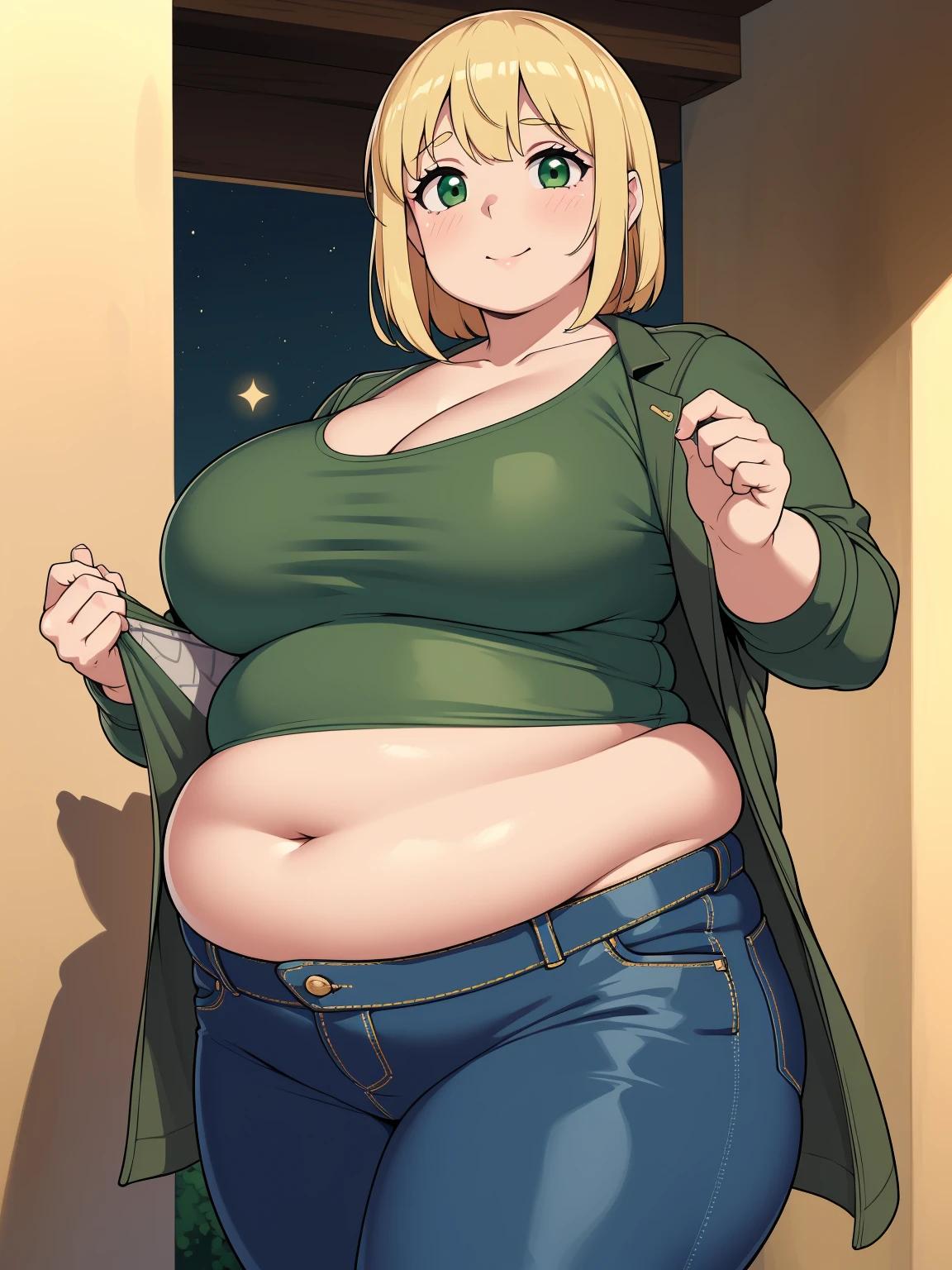 art by kipteitei, ((Masterpiece, best quality, perfect lighting, amazing shading)), perfect anatomy, field of depth, extremely beautiful, long blonde hair, hair ribbons, green eyes, ribbed sweater, leggings, cute smile, (chubby), belt, (cowboy shot), (cute pose), bedroom background, detailed background
