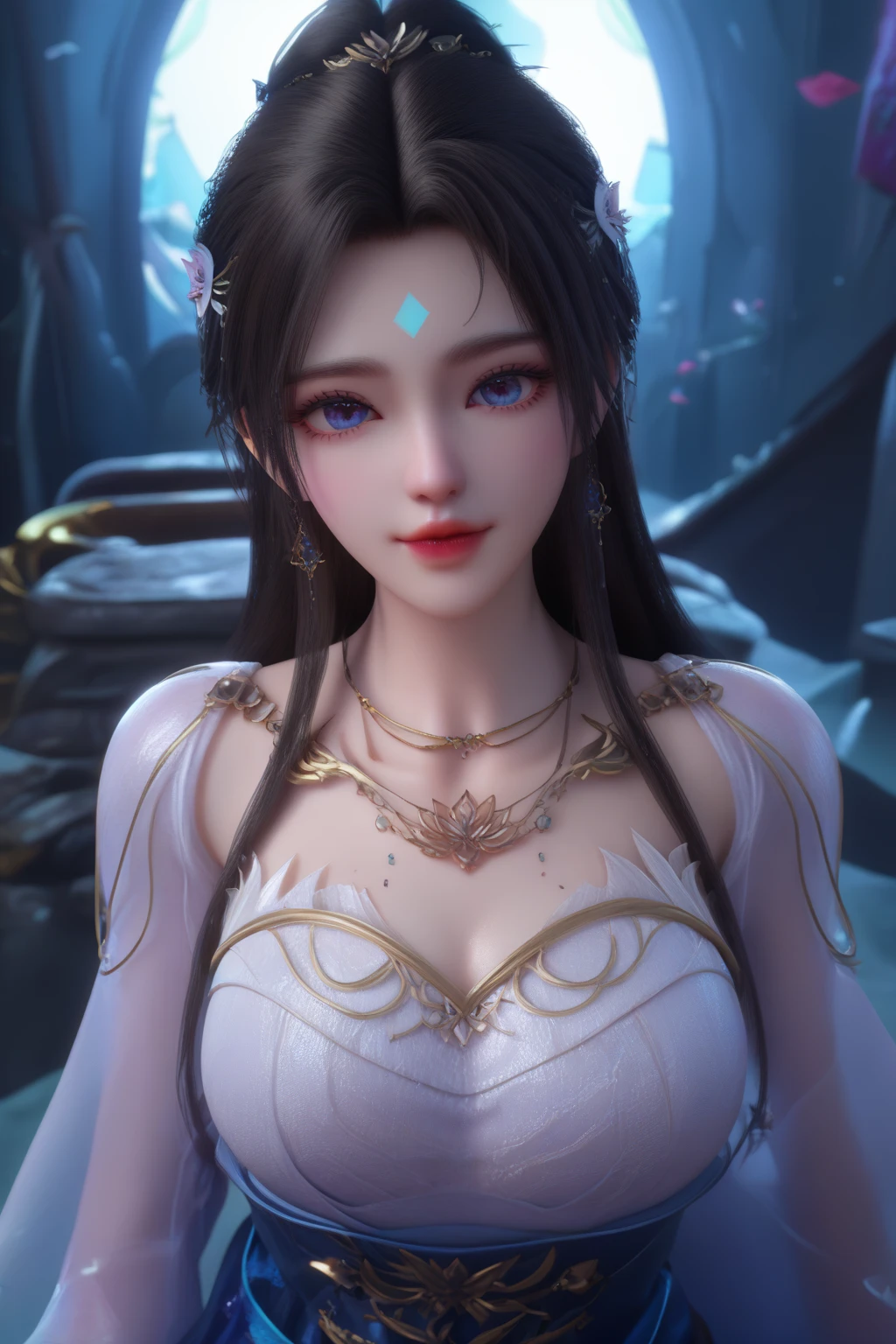 ultra realistic 8k cg, picture-perfect face, flawless, clean, masterpiece, professional artwork, famous artwork, cinematic lighting, cinematic bloom, perfect face, beautiful face, beautiful eyes, ((perfect female body, narrow waist)), red eyes, gorgeous queen, royal, divine, goddess, godlike, (royal palace), fantasy, dreamlike, unreal, science fiction, huge breasts, beautiful clothes, lace, lace trim, lace-trimmed legwear, absurdly long hair, very long hair, (rich:1.4), prestige, luxury, jewelry, diamond, gold, pearl, gem, sapphire, ruby, emerald, intricate detail, delicate pattern, charming, alluring, seductive, erotic, enchanting, hair ornament, necklace, earrings, bracelet, armlet,
, <lora:DA_XiaoWuGodClothes:0.7>