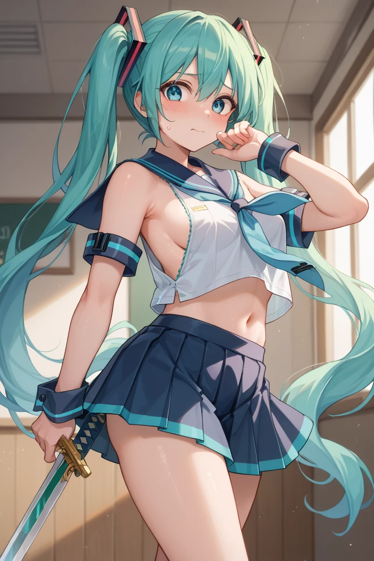 (1girl in),(High quality), (hight resolution), (Highly detailed), (in 8K),(lower body shot),Ram from Urusei Yatsura is wearing a transparent sailor swimsuit at school.),(Wearing black pantyhose)No shoes,Perfect Lighting,(Beautifully erect nipple shape:1.1),hight resolutionの美しい目,(Neutral white lighting:1.2),simple background,