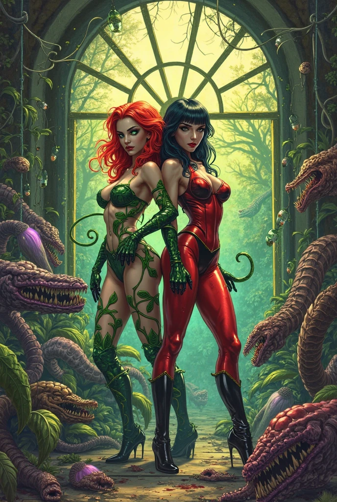 (high quality illustration),digital painting, (comic style), Poison Ivy, Harley Quinn, (1 girl),(Poison Ivy holding Harley Quinn), Poison Ivy's vines, (Harley Quinn turning into a plant:1.3), dark background, (bright green lighting:1.2), eerie atmosphere. --auto --s2