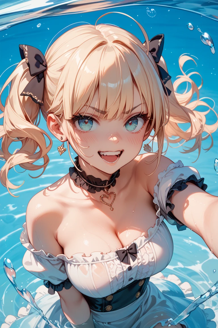 woman,14 years old,,city,night,(((swimsuit))),(((wet with sweat))),open mouth smile((())),((beautiful long ponytail)),((a large amount of pink slime)),blush、surprised face,((()))((())),((blonde))((()))