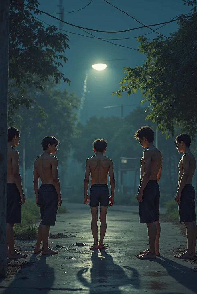 High-definition full naked ass body of a handsome teenage Korean boy, 19 years old, standing with his back to the audience, revealing his naked silhouette under the moonlight a group of people in crisp white shirts blurred in the background turned to face looking this boy.,resembling a dreamy, ethereal Tim Walker photoshoot.