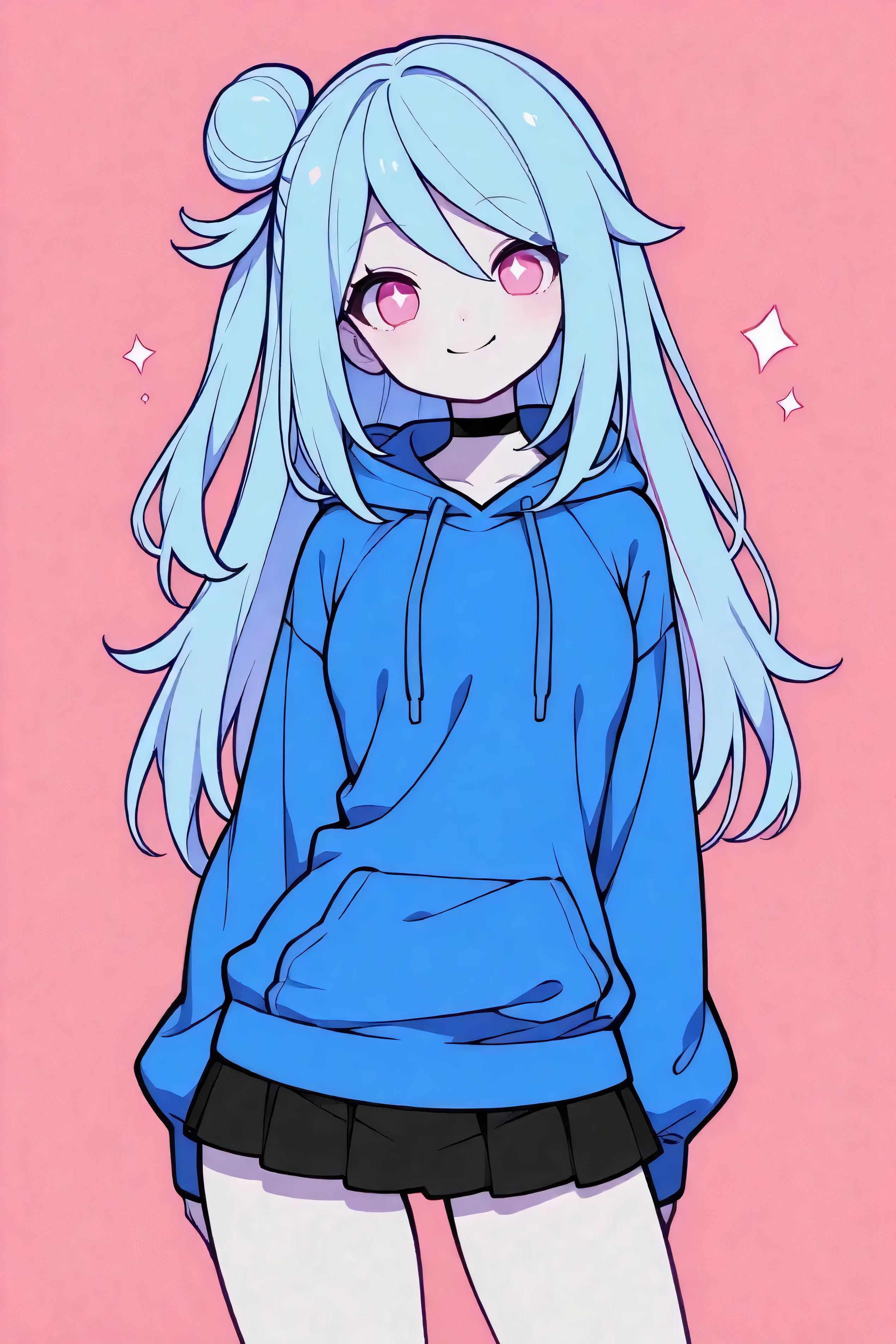 masterpiece, best quality, highres, portrait, 1girl, solo, long hair, looking at viewer, multicolored hair, purple hair, white hair, blue hair, braid, bangs, red eyes, streaked hair, small breasts, breasts, long sleeves, (black hoodie:1.4), simple background, white background, blush, smile, floral print on hoodie