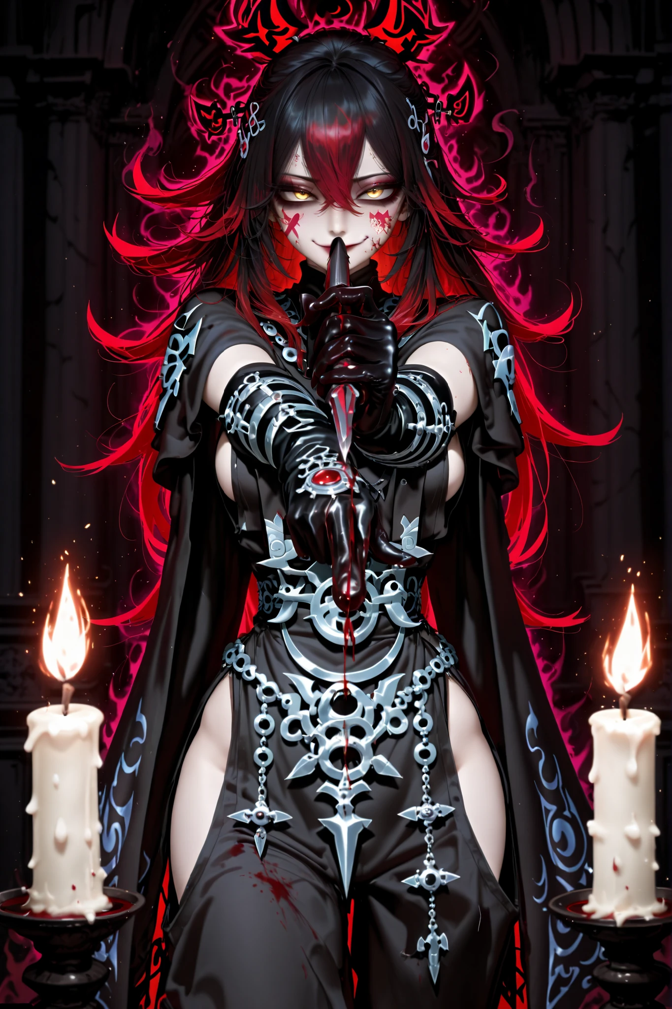 hair pins, face markings, yellow eyes, two toned hair, red hair, black hair, long hair, space buns hair style, woman, 1girl, killer pose, crazed look in eyes, holds a dagger in both hands, pointing one dagger forward with one hand, other hand levitates blood, mythical, mysterious background, dark background illuminated by candles, old cathedral with altar and candles in background, can control blood, ancient assassin style clothes, black pants, dark makeup, black gloves, silver mythical jewelry, smirking deadly, dark atmosphere, cloak, dark aura, blood magician,