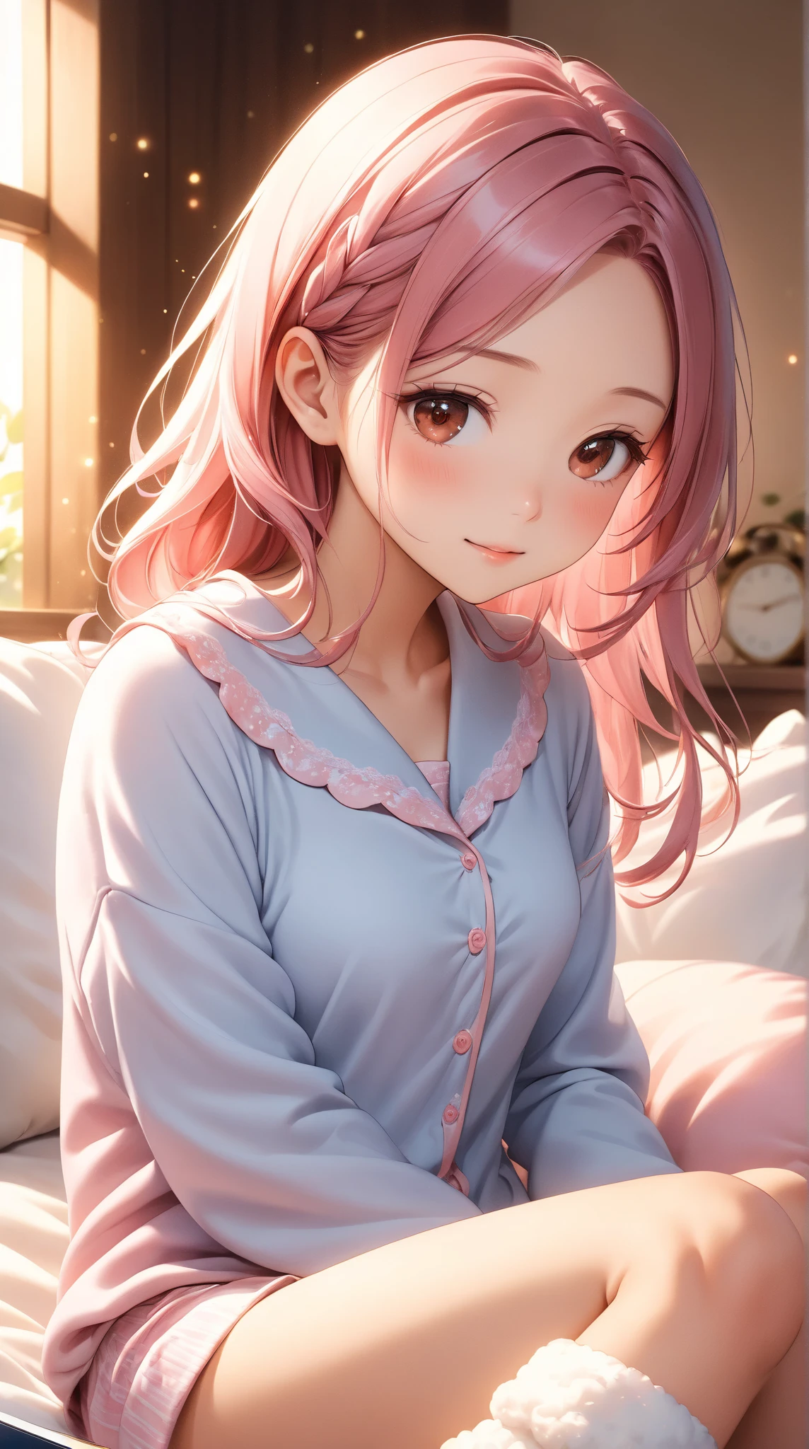 1 girl, (masterpiece,highest quality,超A high resolution), (((Very beautiful 25 year old girl))), look at the photographer､  ((beautiful long hair)), super cute face, glossy lips, double eyelids in both eyes,natural smile、 natural makeup, long eyelashes, Shiny and smooth light pink hair､perfect limbs, perfect anatomy,(((comfy pajamas)))、,(wet with sweat),,turn around and look back,See-through