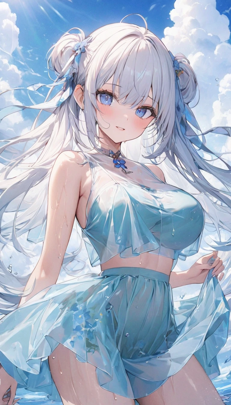 (Masterpiece), (Top Quality Anime Illustrations), (Super Definition), One Girl, Solo, Silver-haired Beautiful Girl, Anime Loli, Cat Ear Loli, Light Blue See-Through Tank Top in Light Color, Underboob, White See-Through Mini Skirt, Shy Face, Cleavage Emphasis, Thighs, Tarot Card Wind, Water
