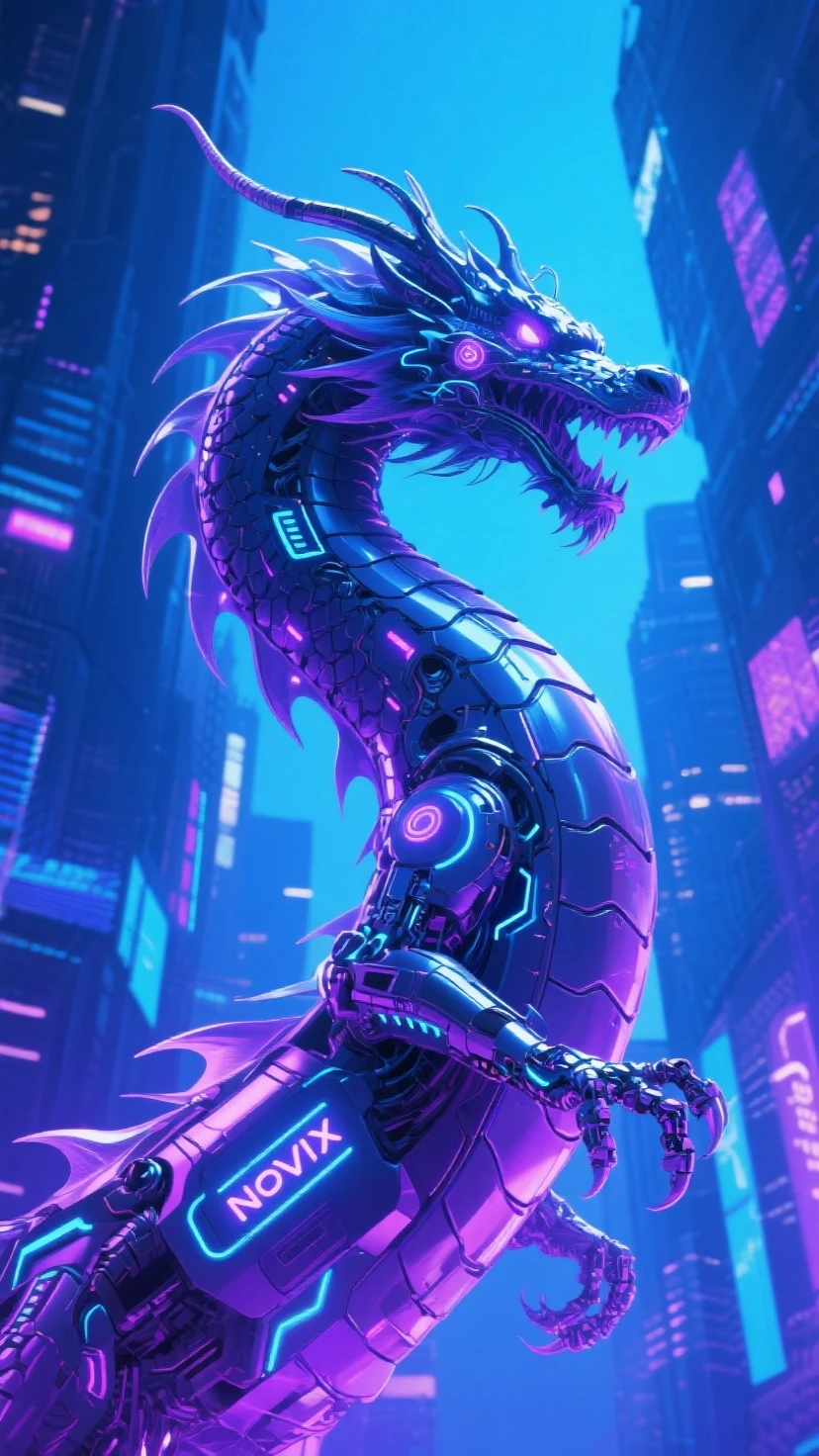 Hyper-realistic digital painting of a neon dragon coiling around a skyscraper in a rain-soaked cyberpunk city. The dragon's scales glow with bright neon colors, reflecting the city's lights. Its eyes are fierce and intelligent, and its body is both sleek and powerful. The city below is alive with activity, with people carrying umbrellas and neon signs flickering in the rain. The overall atmosphere is mysterious and electric, cinematic composition, trending on ArtStation.