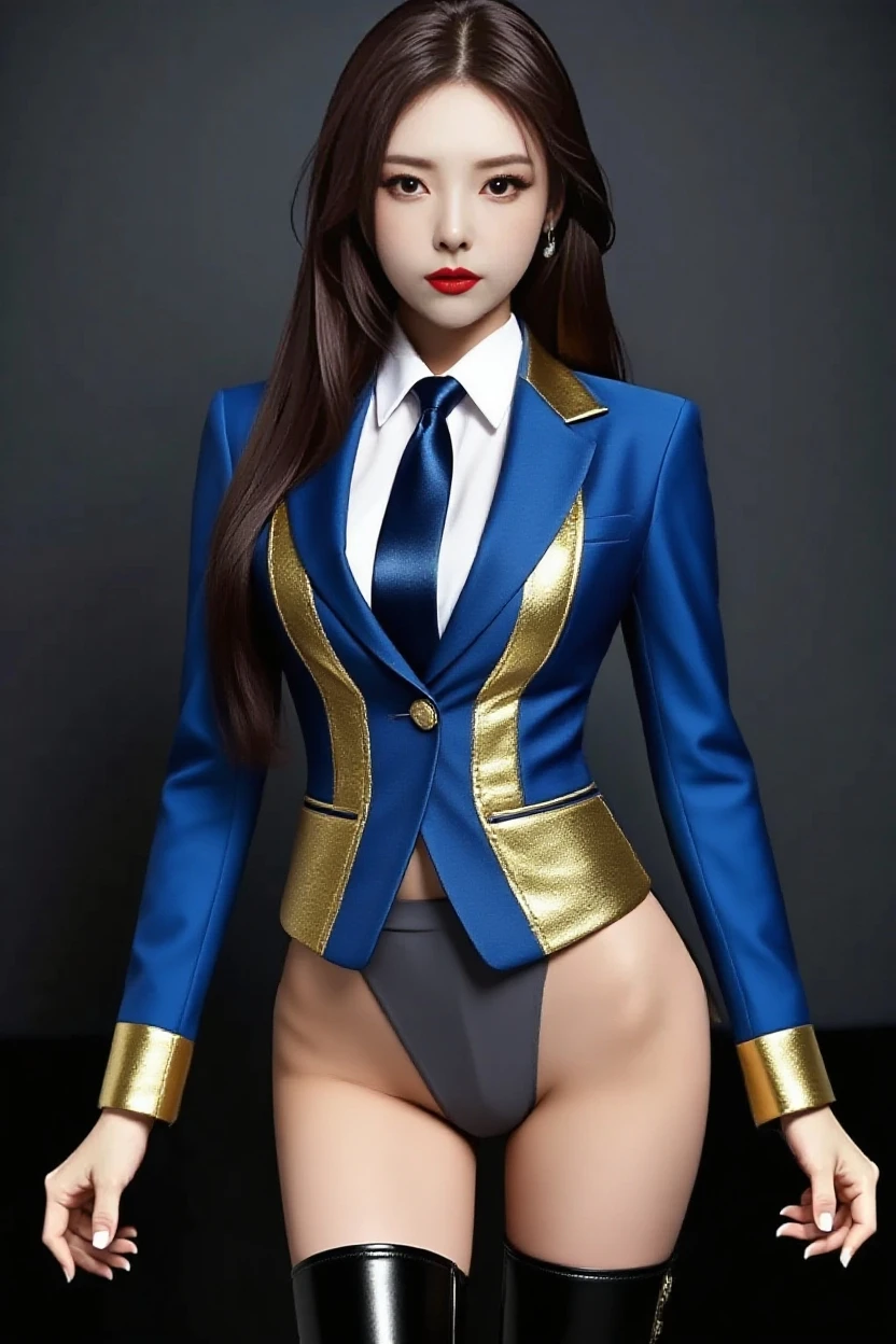 Tall and cute idol、whole body、Good style、、、、、、、、、、Tanned thick legs、、Shiny Blue Steampunk Suit、Neat and clean idol face、Glowing、