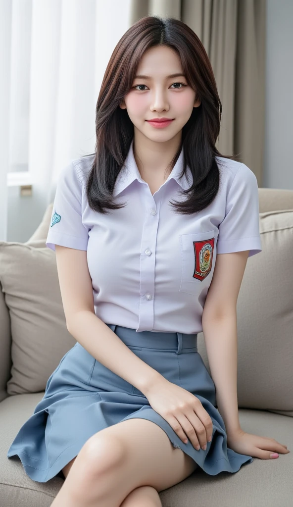 ((malay beautiful girl:1.5)) ((20 years)) ((jakarta high school)) ((school uniforms:1.4)) ((panty shot:1.5)) ((full white shirt with button)) ((high school)),((blueish grey long skirt:1.2)),white collar, open collar until chest, no blueish grey tie, ((in the class room:1.3)) ((thin_fabric:1.4)) ((random sexy pose:1.3)) ((sweaty:1.3))((face is flushed:1.4)) ((big breasts:1.3)) ((close-up:1.2)) best quality,masterpiece,ultra high res,(photorealistic:1.4),raw photo,(Authentic skin texture:1.3),(film grain:1.3),panorama,character portrait,very wide shot,narrow waist,cowboy shot,(in the dark, deep shadow, low key, cold light,) night,(()),streaming tears,,dust,Tyndall effect,(expression),1girl,beautiful detailed eyes and face,white jabot,brown eyes,((black hair:1.2)) ((full body:1.3)) ((smile:1.3)) ((short hair:1.1)) ((osis school logo only on chest,))((small head))((short sleeves))