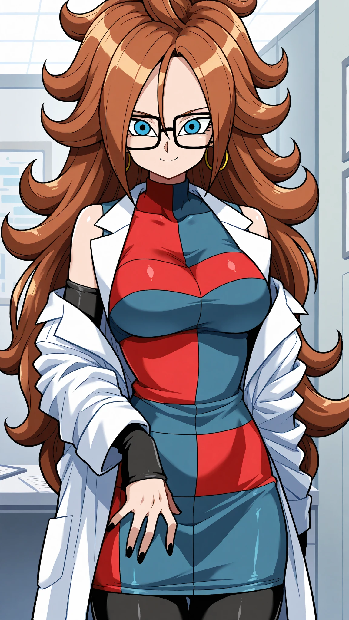 masterpiece,best quality,extreme detail,8k,<lora:21:0.8>,androide21, 1girl, solo, long hair, breasts, looking at viewer, smile, blue eyes, large breasts, brown hair, dress, jewelry, very long hair, closed mouth, pantyhose, earrings, glasses, nail polish, covered nipples, black pantyhose, leaning forward, ring, black nails, black-framed eyewear, curly hair, hoop earrings, labcoat, checkered clothes, two-tone dress, checkered dress