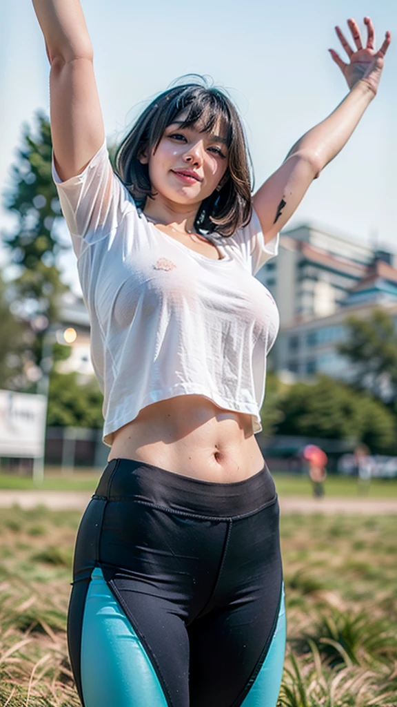 1girl, solo, facing forward, bare body, (seen from below:1.3), close up shot, /(wearing volleyball shirt, bottomless/), expose abs and breast, /(dark brown hair/) bangs, detailed shy cute face, mesmerizing eyes, blush light smile, (masterpiece best quality:1.2, photorealistic), delicate illustration ultra-detailed, sagging huge breasts, athlete posture, (lying, opened legs) BREAK /(grass field/), skyline, daylight, wonderful atmosphere, photon mapping