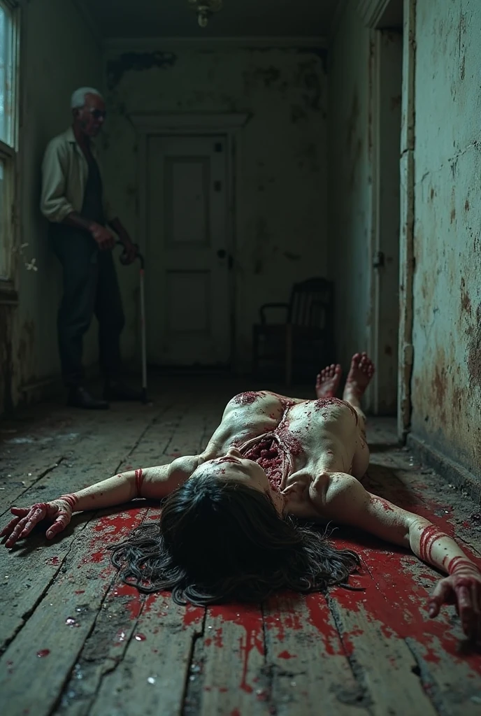 body of a corpse lying on the ground with several bruises, desmembramentos, belly open showing the entrails and the bloody floor, ambiente ao ar livre atmosfera de terror, estilo sozinho no escuro, resident evil e durar mais. Detailed face showing parts of the skull and exposed bones from other parts of the body.