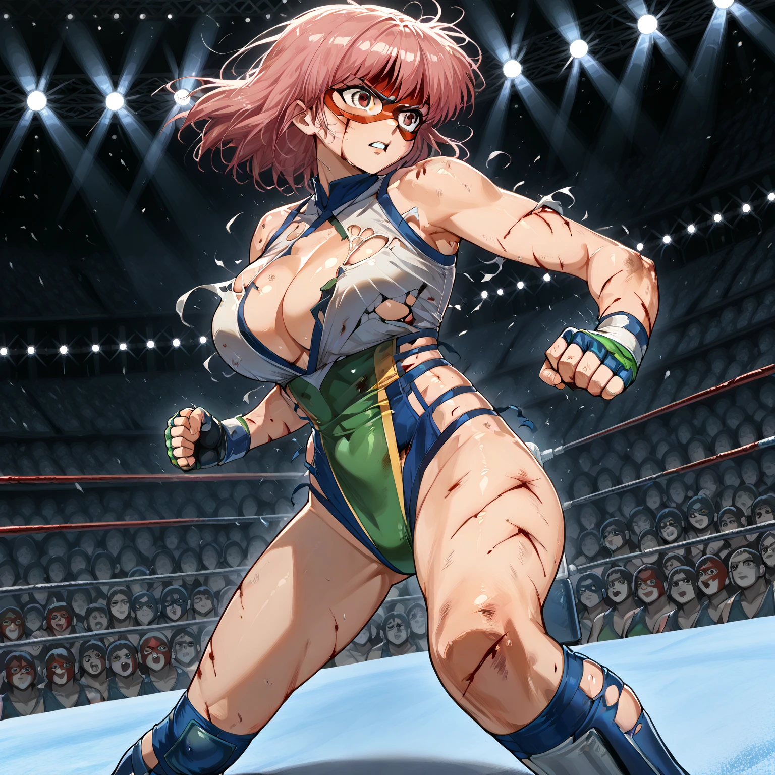 Masterpiece、Highest quality、Full Color、Photorealistic、とても分厚い筋肉女子wrestling、Dynamic Pose、leotard、Dazzling Light、wrestling、An enthusiastic crowd watches、Two very thick muscle girls in sheer latex wrestling outfits posing for a photo、very macho、Intense orgasm face、