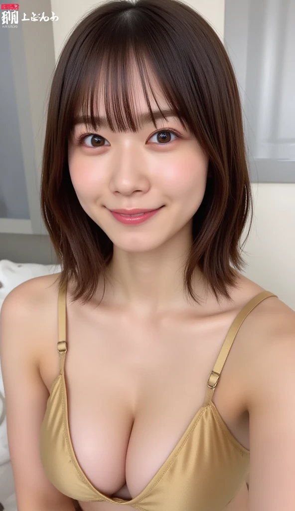 (、Late Night真夜中:1.4).Highest quality, 8K, Tabletop, Realistic, Realistic, , (窓からはLate Nightの大都会の夜景、Ample breasts:1.2), Big Breasts, , , Abundant hips, Detailed face, Beautiful Face, , Beautiful woman,((Gray detailed eyes、Translucent skin texture、A shy smile、Fluffy hair、Light Brown Hair、Big city view from the window、Shaggy Cut、Floating Hair、、Cute Japanese Idols:1.4)). (、short hair、Floating Hair、Parted bangs、Bedroom、Sit on the bed、Place your hands on your feet、Late Night、indirect lighting、Sheer white bra and panties、Ample breasts、Looking into the camera:1.2))
