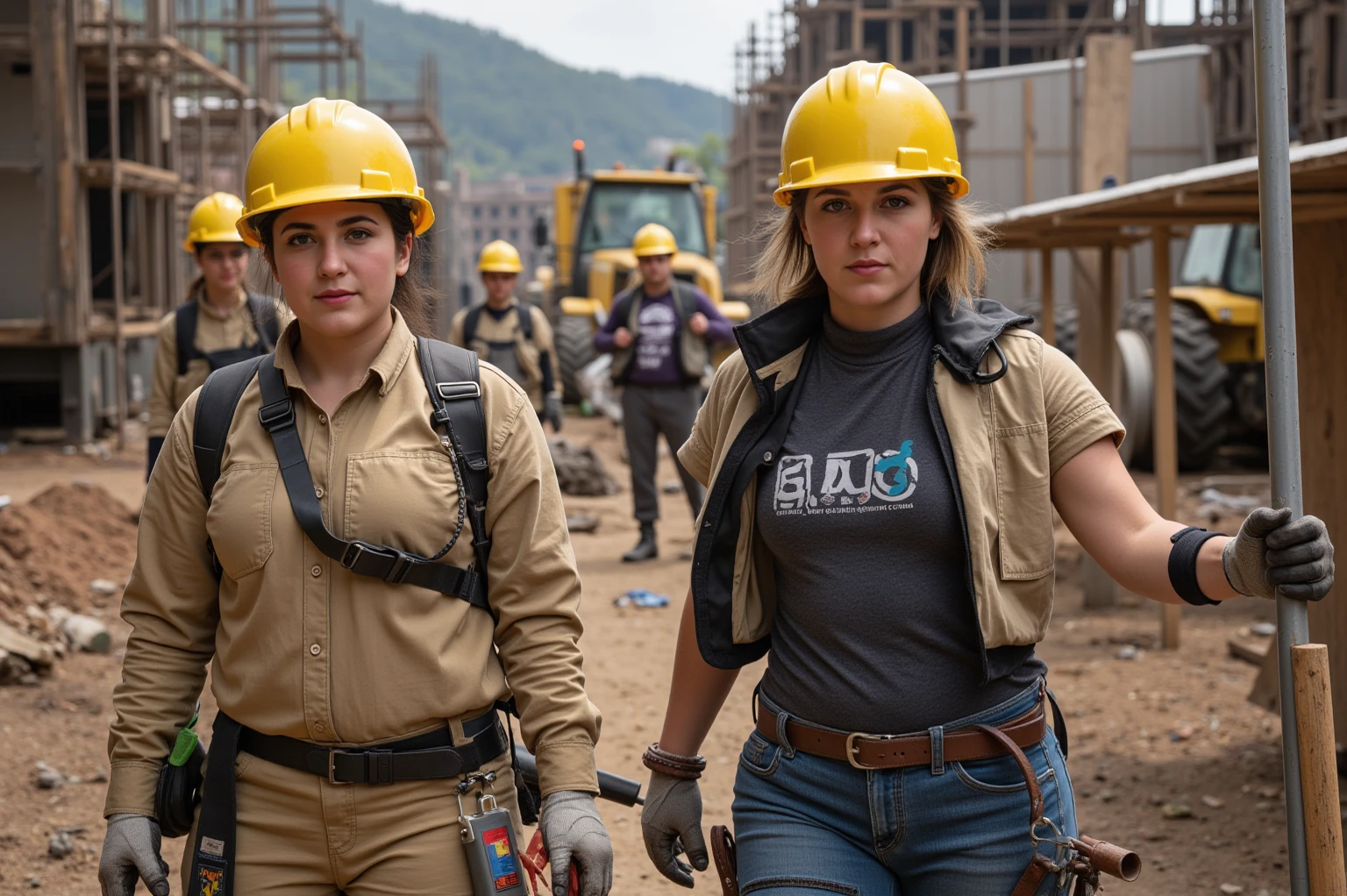 Model, early 30's, brunette, Brazilian, wearing skimpy building construction trade clothing, cleavage, hard hat, hair in pony tail, wearing shorts, work boots, work gloves, sexy, building site background, group of male workmen watching with envy