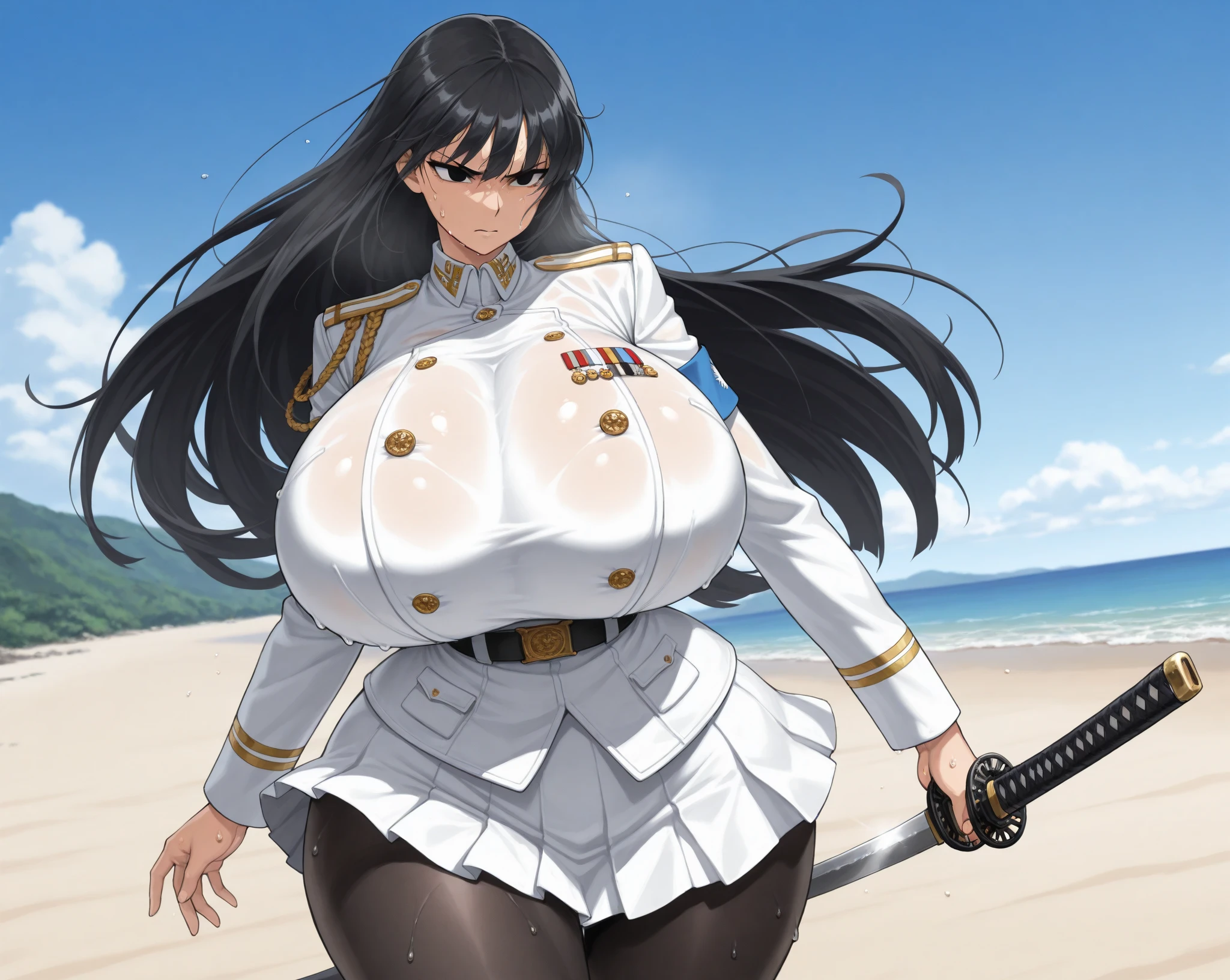 One Woman,Precise five fingers、Two long, accurate legs、Long Hair、Knee-high socks、Wide Hips、plump and thick thighs、Huge Ass、Huge breasts, Embarrassed look、Full Body Shot、Sexy pose、panties、White background、 Oily, shiny skin,woman、Kyoka Uzen, hair ornaments, uniform, White gloves, Epaulettes, belt, Pleated skirt, Black Skirt, Thigh-high boots, smile