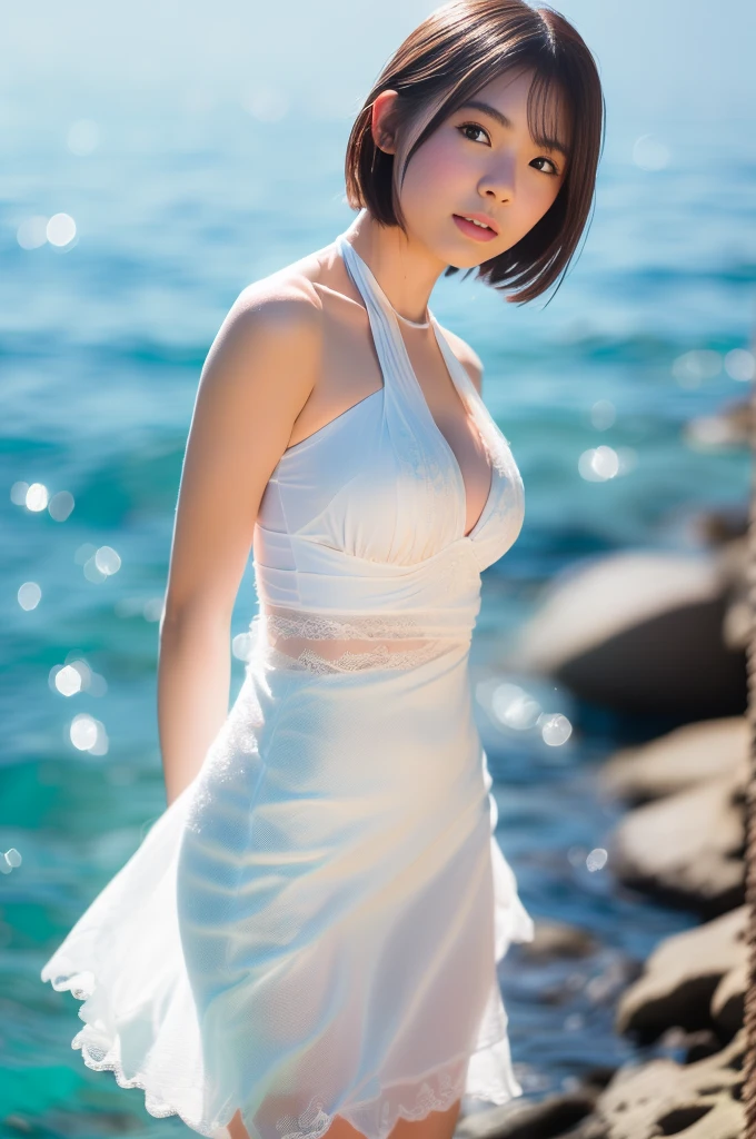 teens girl，length hair，wedding gown，The blue sky and white clouds