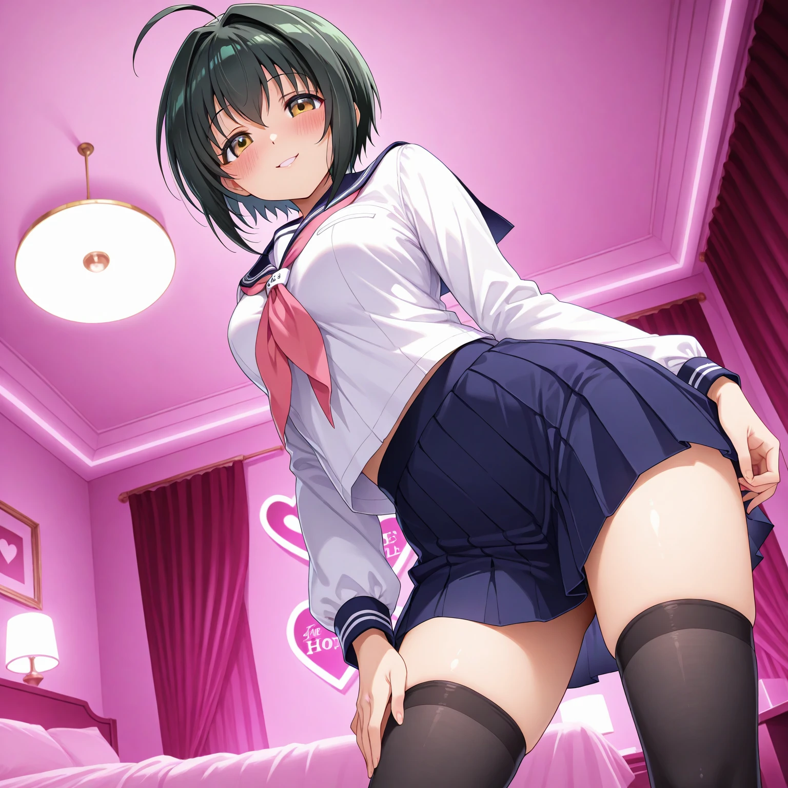 (score_9, score_8_up, score_7_up:1.5), (source_anime:1.5), (ai-generated:1.5), (insanely detailed:1.5), (PA7_Human-Likeness:1.5), (Brightly-lit:1.5), (Maximize Detail Slider:1.5), 1girl, breasts, (softly moaning out:2.2), blush, black hair, bare thighs, sex, on side, lying, lying on side, vaginal, bare thighs, blazer, 1boy, (deep penetration:2.0), purple eyes, hetero, (thick thighs:1.2), penis, (interracial:2.0), puffy pussy lips, solo focus, blue blazer, spread legs, pleated skirt, collared shirt, uncensored, bowtie, blue nails, straight hair, full body, striped skirt, (score_9, score_8_up:1.1), komi shouko, komi-san, komi can't communicate, tag veiny.