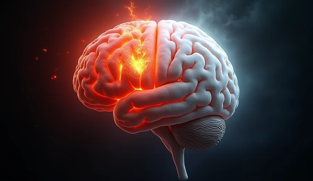 a brain with pieces missing being consumed by a brain-eating amoeba with a black background and vibrant colors
