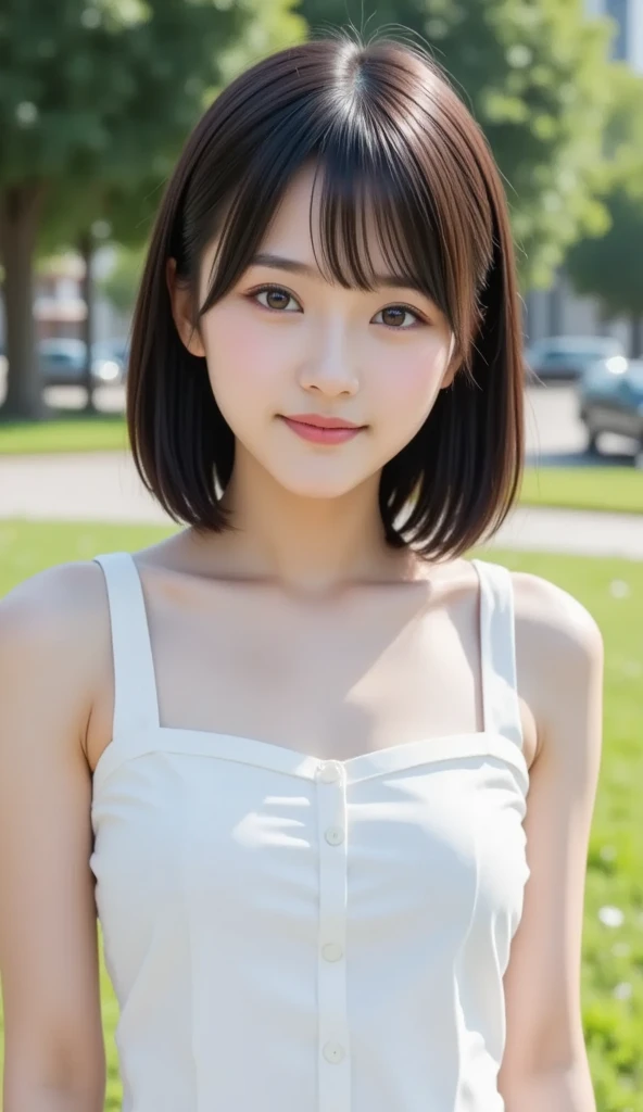 girl, White skin, Short dark brown tiered hair, V cut with layers and bangs, Brown eyes, Soft atmosphere characteristics (Highest quality, Ultra-high resolution, 8K, RAW Photos, Ultra-high resolution: 1.2, masterpiece: 1.2), (Realistic, Realistic: 1.37), Super detailed, Professional Lighting, Photon Mapping, Radio City, Physically Based Rendering, Japanese, One Girl, alone, Black Hair, cute, Nice, Adorable, A light smile, Normal chest, school uniform