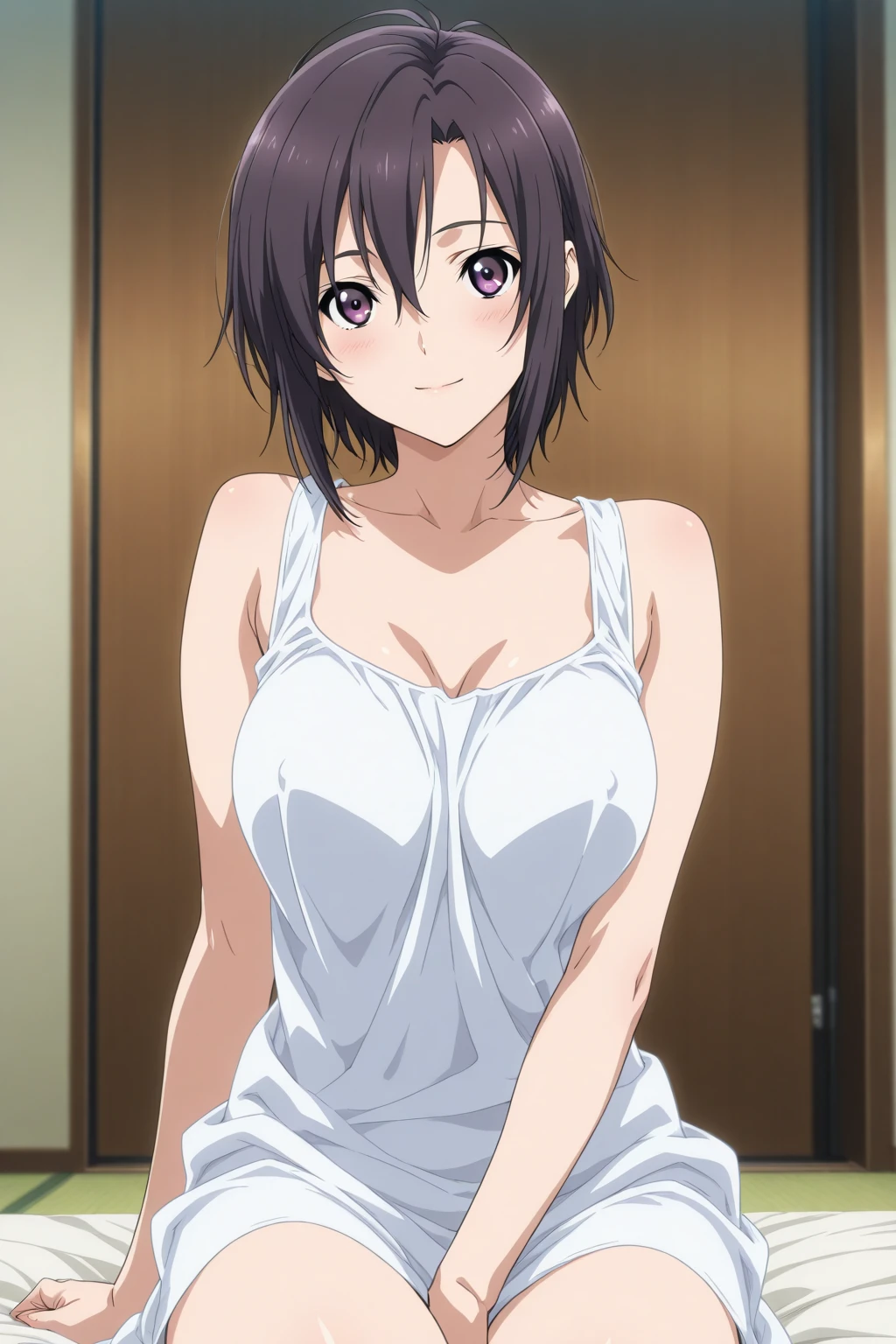 (((masterpiece))),fuyumi itadori, Anime girl characters, 1girl, solo, looking at viewer, medium hair, cleavage, closed mouth, collarbone,Naked, tall girl, horny, big ass, beautiful face,Charming,  anime visual of a cute girl, screenshot from the anime film, & her expression is solemn, ahegao face, in the anime film, in an anime, anime visual of a young woman, she has a cute expressive face, still from anime, perfect breasts, she is tall, All bodies visible, ahegao face, the face is ahegao, she is horny, A perverted face, she so perverted, she smile so perverted, hd picture, 4k quality, details of the face is so good, bigger breasts,