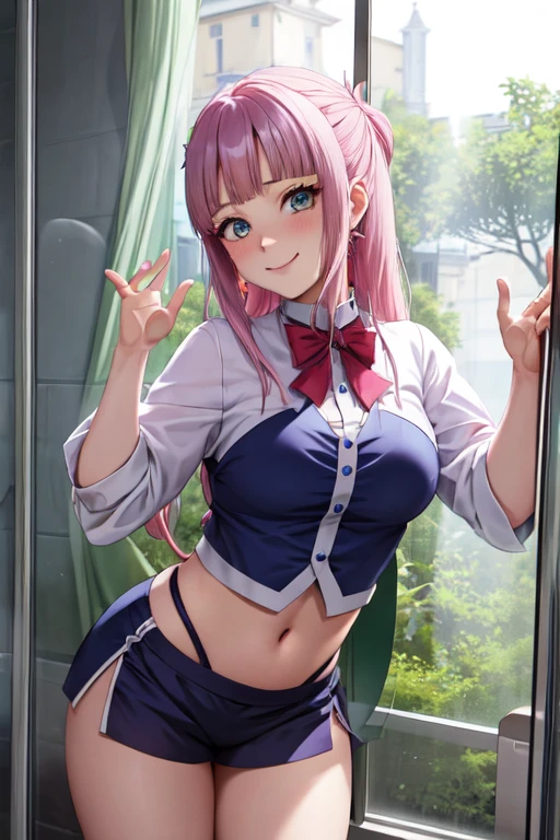 one woman, pink hair, gyaru, canine, aquamarine eyes, Double bun , navel, manicure, curly long hair, neat white uniform, piercer, smiling mouth, cleavage, cute, short pink skirt, very large breasts