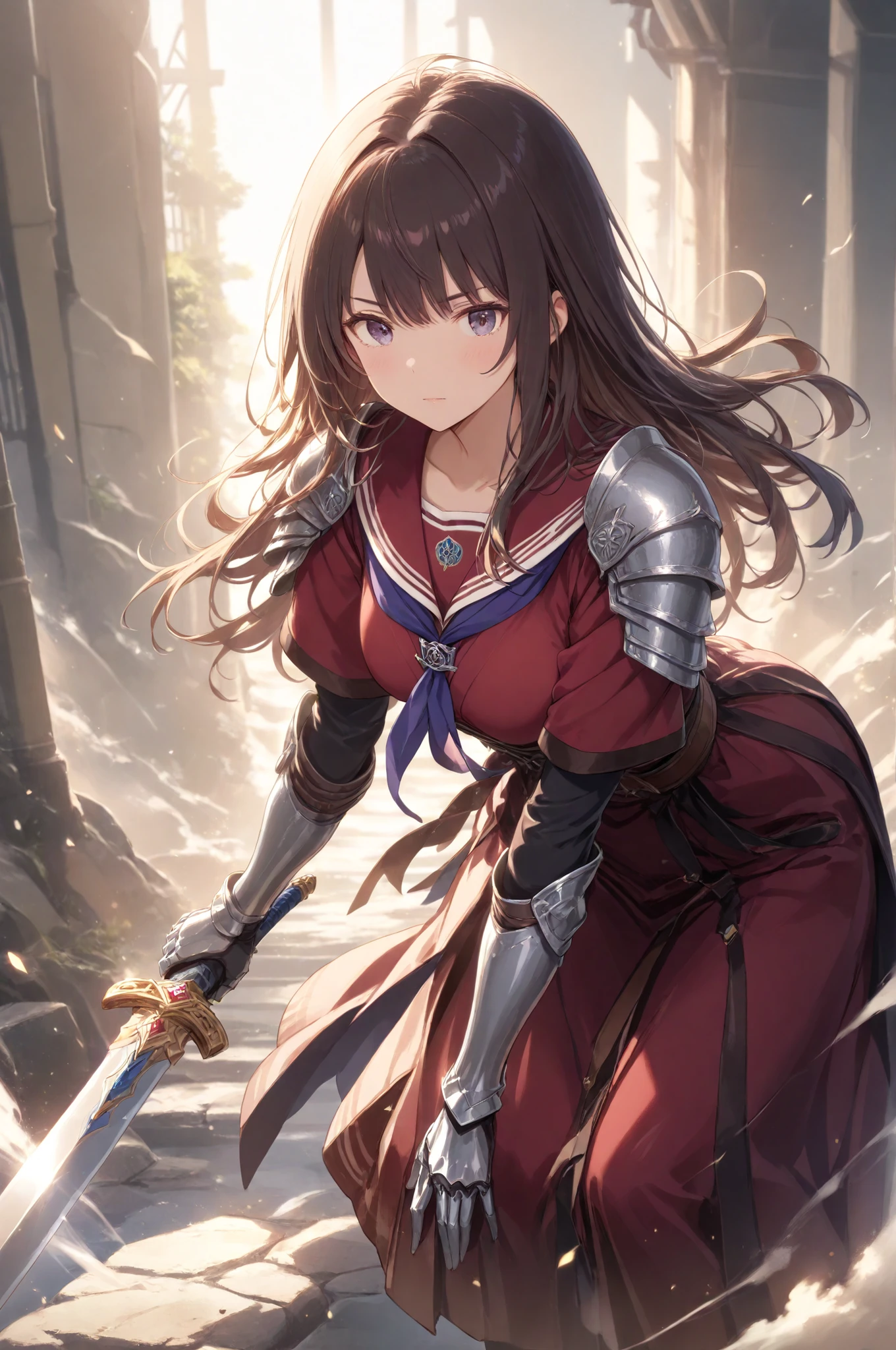 (masterpiece, best quality, amazing quality), A female high school swordsman. She is wearing a Japanese high school uniform. She is wearing silver gauntlets and steel shoulder pads. She holds the sword in her right hand. Her left hand is thrust forward. Majestic