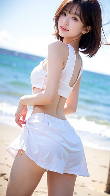 highest quality、8k、Realistic、1 girl、23 years old、Above the knee shot,、(Embarrassing)、(Panty shot、Back view、Angle looking up from the feet:1.4、Beach、walk)、(Short wavy blonde bob hair:1.4、(Red pencil mini skirt with slit:1.4)、Skirt fluttering in the wind、Black sleeveless off-shoulder、(White lace panties)、(Beautiful thighs,Beautiful ass),((nsfw)),