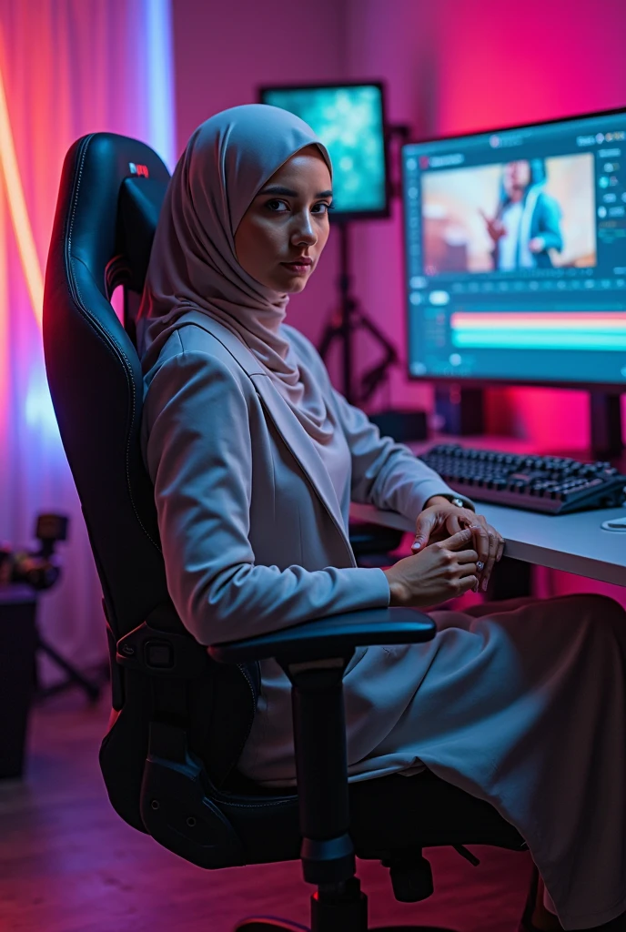 Hijab woman sitting in the gaming chair opens her pussy and broadcasts live