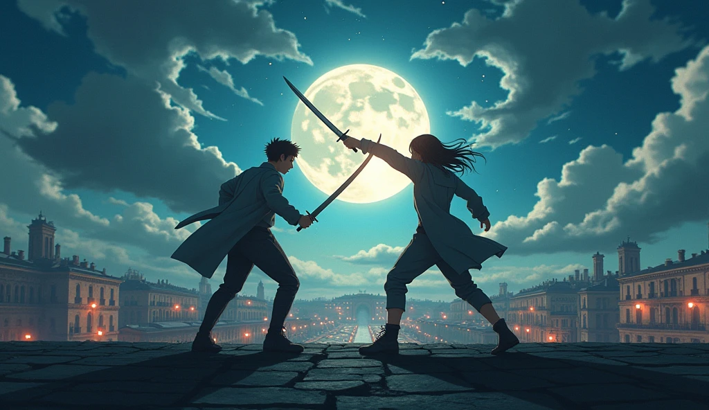 a starry night sky,two people with sword in hand fighting